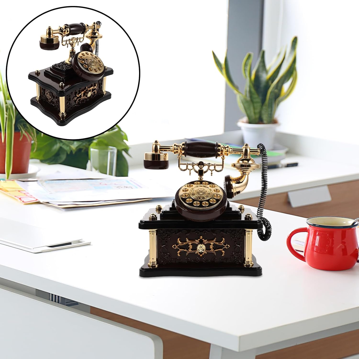 LOGOFUN Vintage Telephone Music Box Retro Dial Model Old Fashioned Landline Phone Figurine Desktop Ornament for Cabinet Shelf Entrance Hall