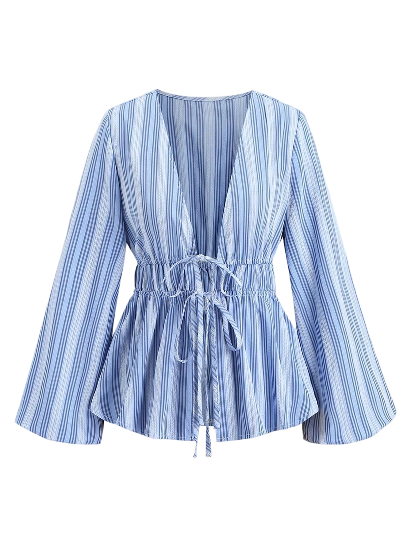 Women's Striped Tie Front Long Sleeve Shirts Deep V Neck Dressy Casual Blouse Tops
