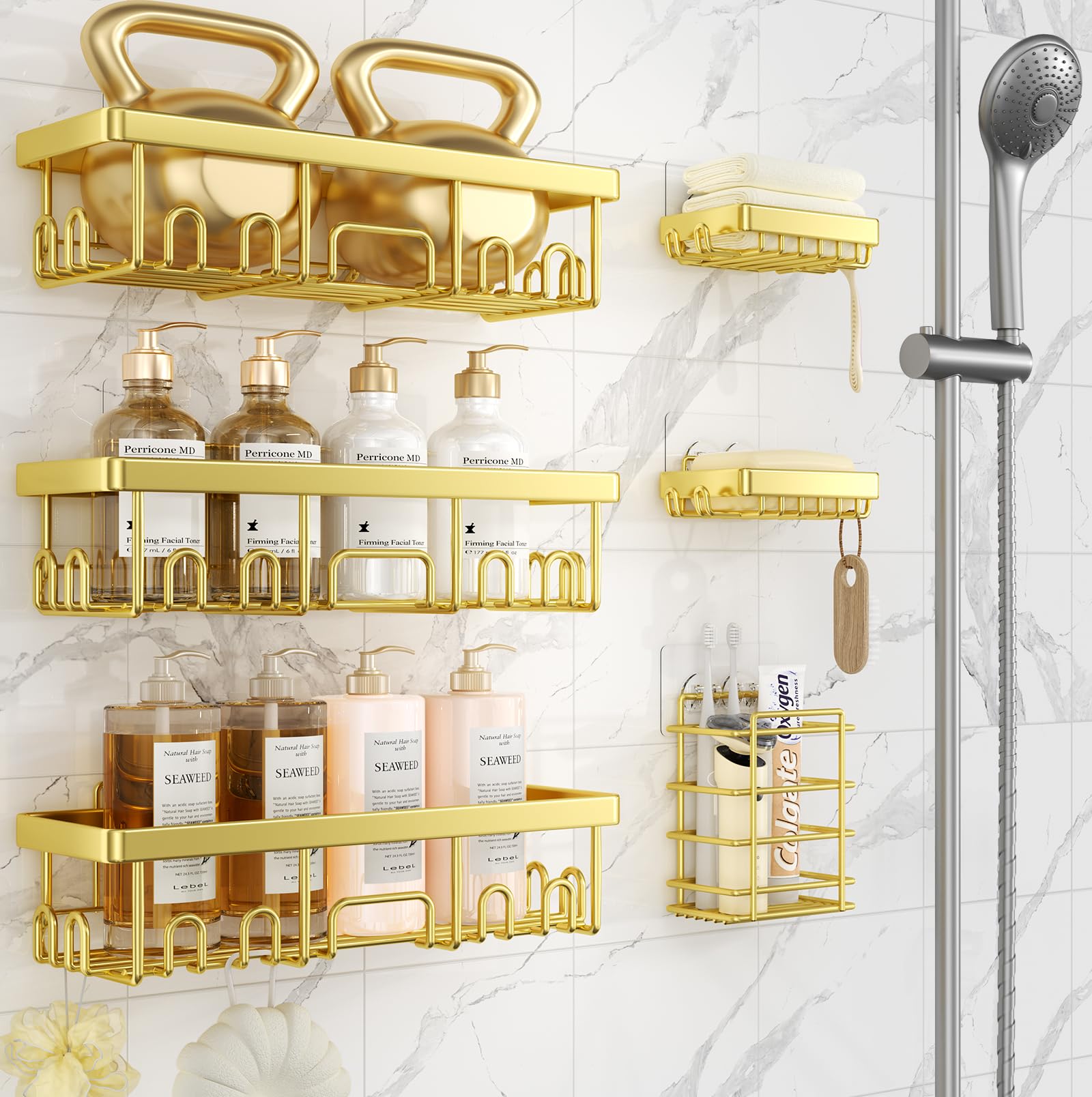 Veken Adhesive Shower Caddy 6-Pack,Gifts for Women Mom,Heavy Weight Bearing,Large Wall Mounted Bathroom Shelves Rack,Organizer Storage Accessories with Soap Dish&Toothbrush Holder,Bright GoldRecycled Claim Standard Blended