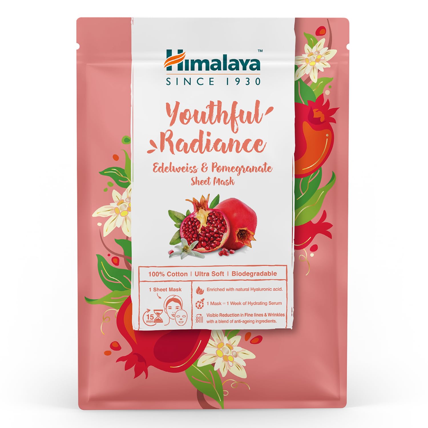 Himalaya Kırışık Karşıtı Kağıt Maske, Edelweiss, Nar, Hyaluronic Acid,%100 Pamuk, Geri Dönüştürülebilir, Tüm Ciltler, 30 gr