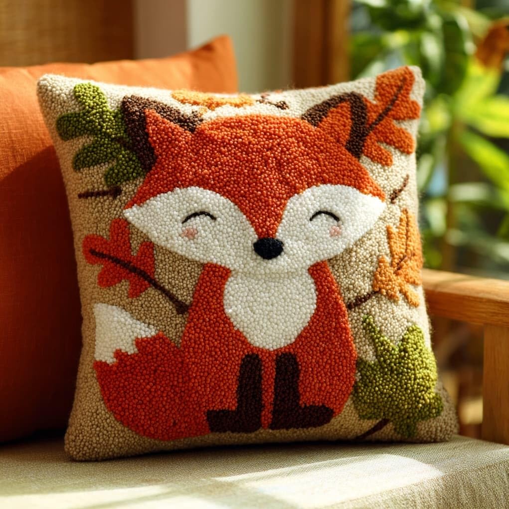 WallustrioaW DIY Latch Hook Kits,Forest Little Fox,Pattern Printed Throw Pillow Case Cushion Cover Crochet Needlework Crafts for Kids and Adults,17x17in