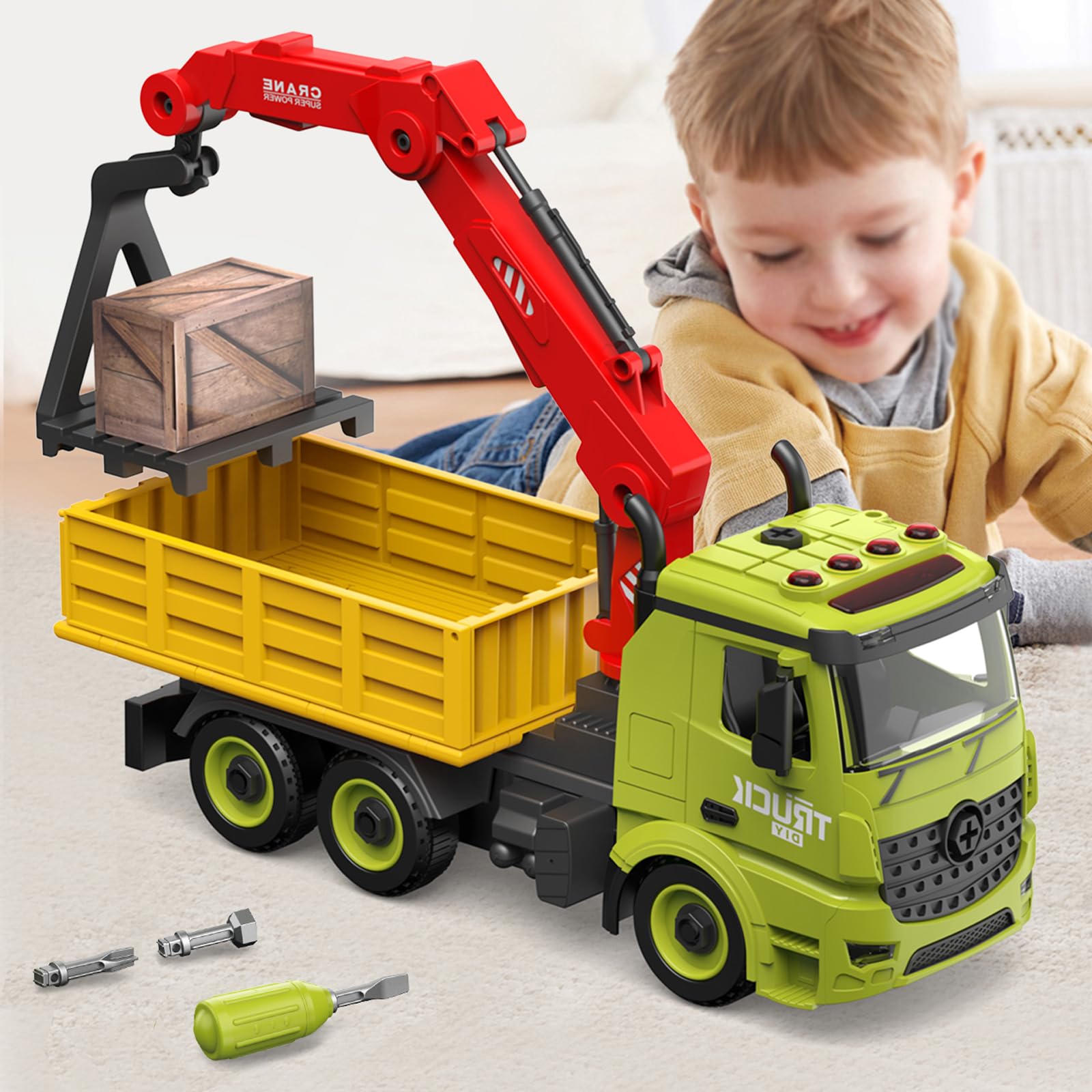 Dwi DowellinCrane Truck Toys, Construction Car Toys Carrier Vehicle Toys for Kids, Assemble Transportation Toy Cars, with Lights&Sounds, for Boys Girls Age 3-12 Years Old