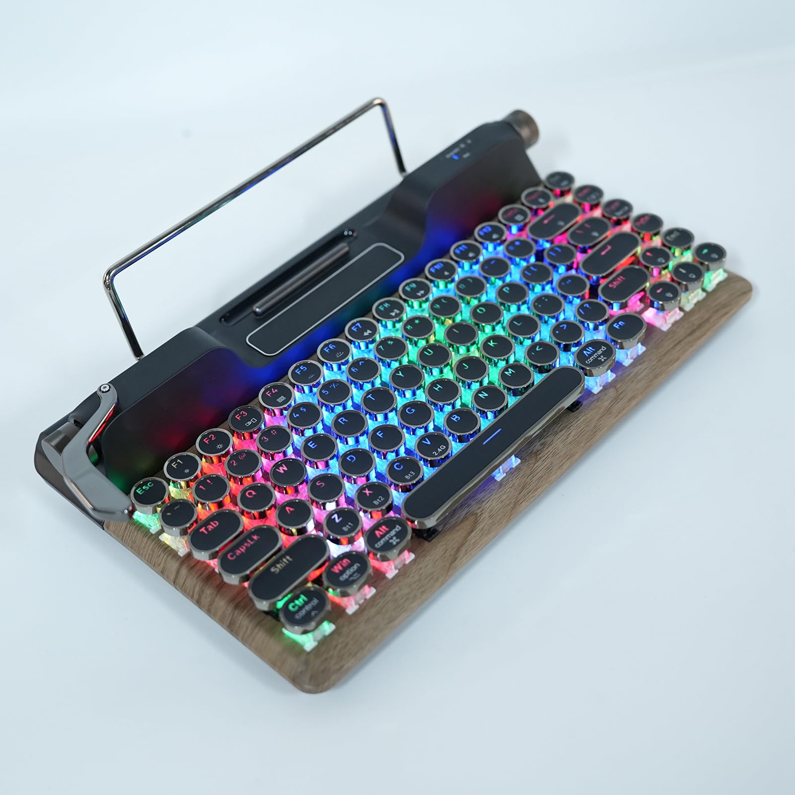 VBESTLIFE Retro Maszyna do Pisania Bezprzewodowa Klawiatura Gier Mechanicznych z Bluetooth 5.0, 84 Klawisze, Niebieskie Przełączniki, Punkowa Okrągła Keycap, Podświetlenie RGB, Odpoczynek