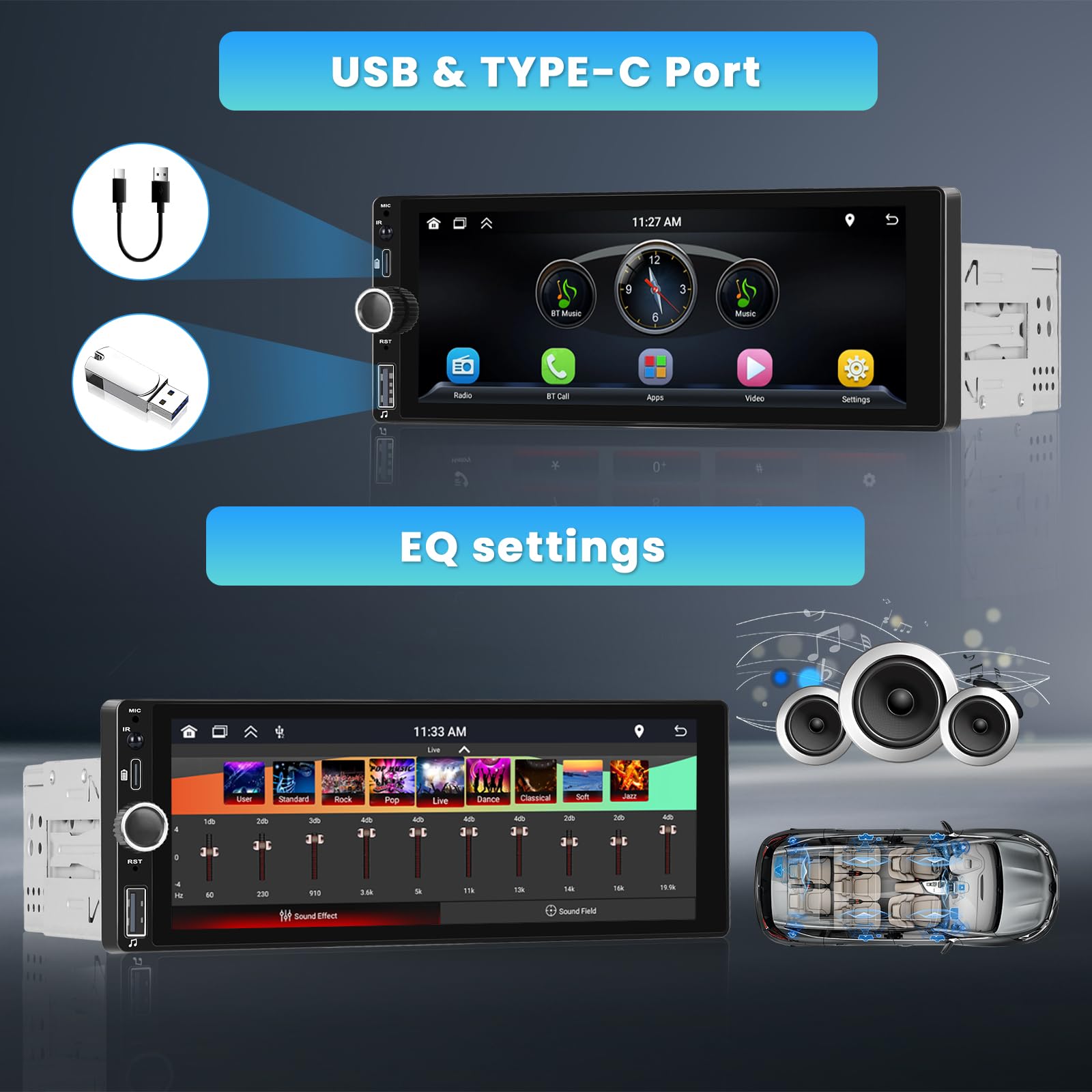 Inefala Autoradio 1 DIN mit Wireless CarPlay Android Auto, 6,9 Zoll Touchscreen Radio Bluetooth 1 Din mit FM/RDS Radio, Link Spiegel, SWC, EQ, Type-C Ladung/TF/USB/MIC/AUX+Rückfahrkamera