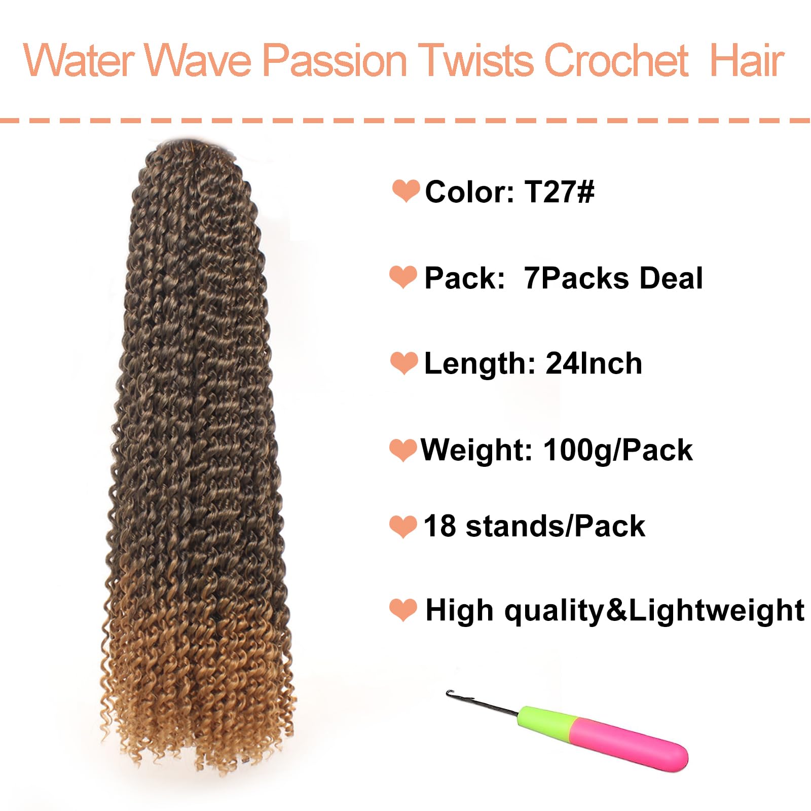 Mscat Passion Twist Hair 24 Inch 7 Packs Ombre Brown Water Wave Crochet Hair Curly Braiding Hair Short Bohemian Spring Twist Hair For Butterfly Locs Crochet Braids Synthetic Hair Extension T27# - Image 2