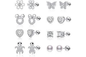 8 Pairs Sterling Silver Stud Earrings Set for Kids - White Heart,...