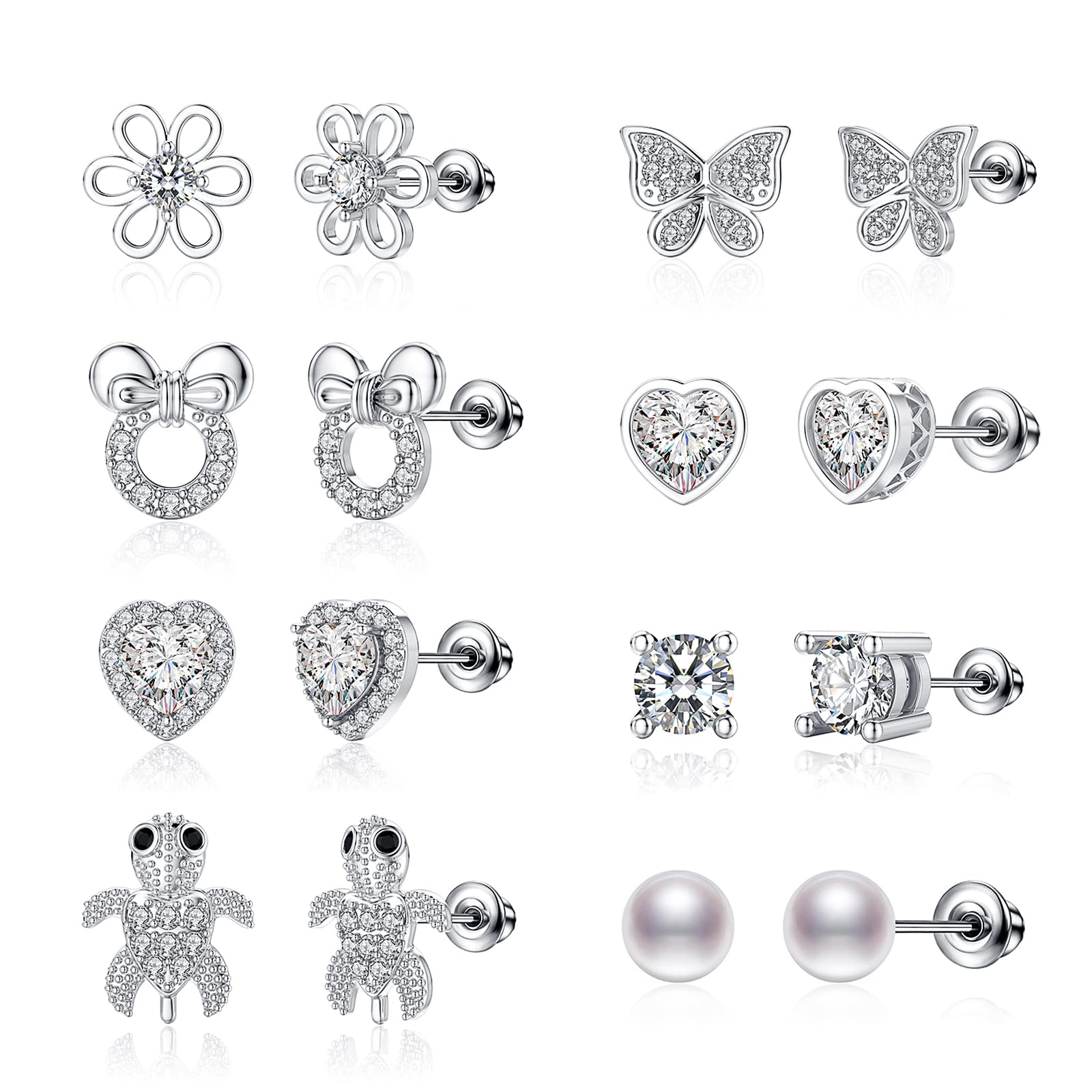 TOPBRIGHT8 Pairs Hypoallergenic Earrings 925 Sterling Silver Stud Earrings White Heart CZ Tiny Butterfly For Kids, Toddlers, Little Girls, Teens, Women