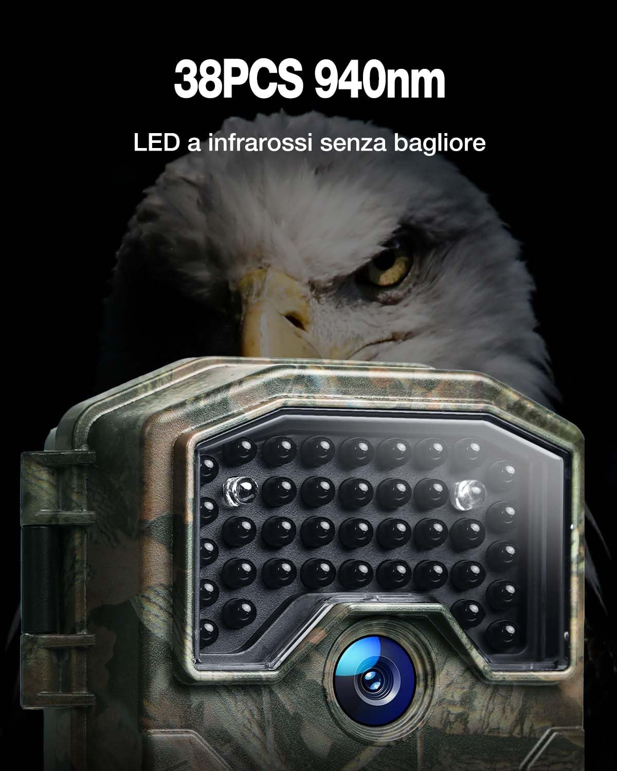 WOLFANG Fototrappola 4K 48MP HD, Fotocamera Caccia con 38 LED a Infrarossi Invisibili 940nm, Infrarossi Rilevatore di Movimento Visione Notturna IP66 Impermeabile per la l'osservazione la Fauna