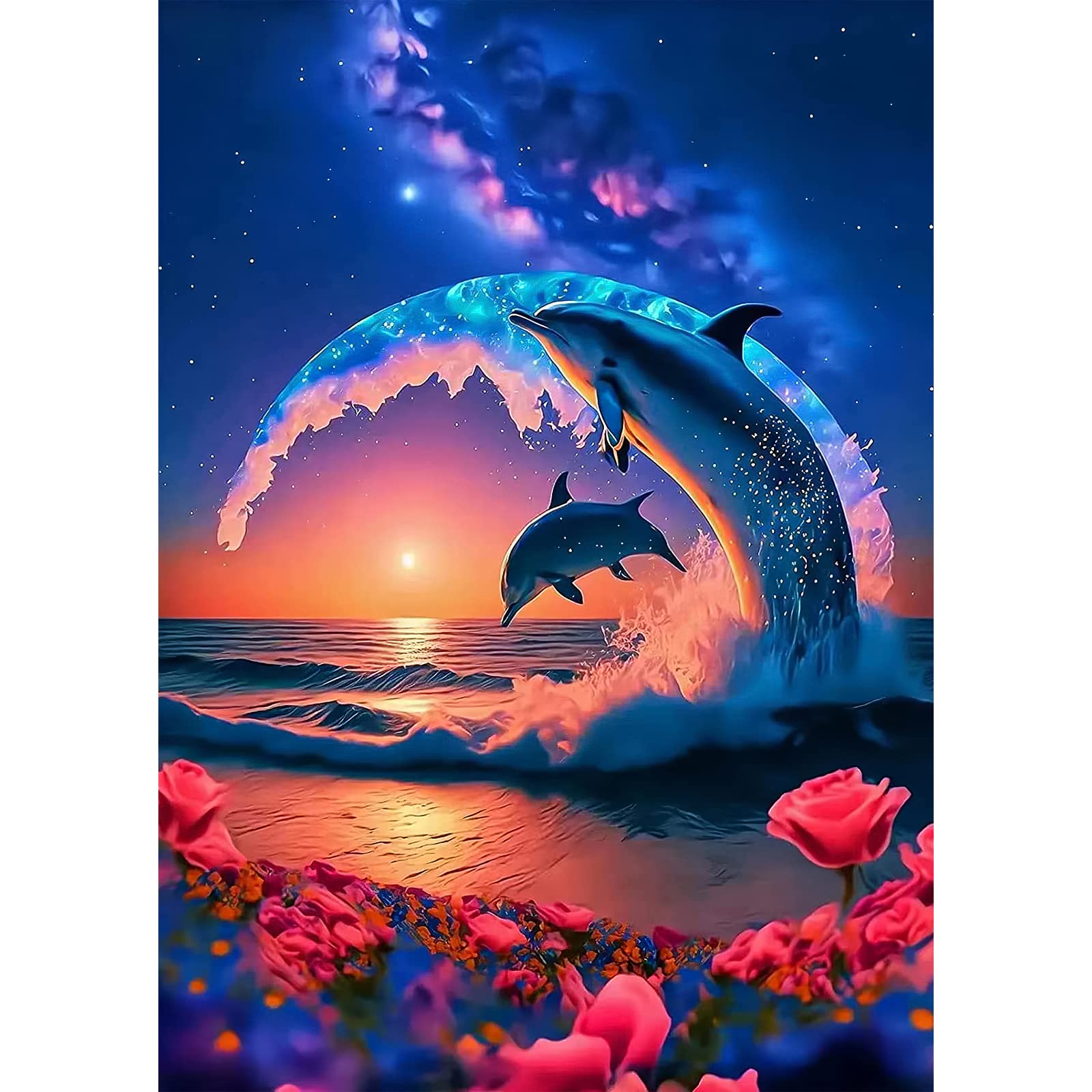 QENSPE 5D Diamond Painting Kits for Adults, Dolphins Diamond Art Kits Moon Roses Diamond Painting Beach Kit for Kids Full Drill, DIY Crystal Picture Art for Home Wall Decor 30x40cm