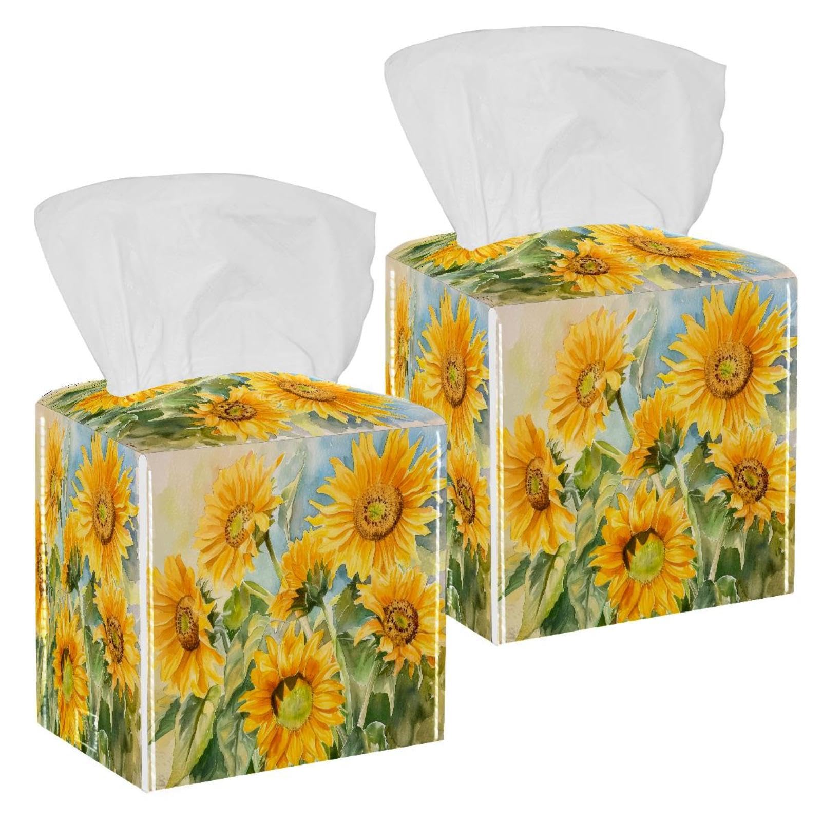 Watercolor Sunflowers Tissue Box Cover, 2 Pack PU Leather Square Facial Tissue Dispenser Box holder for Home Office Car