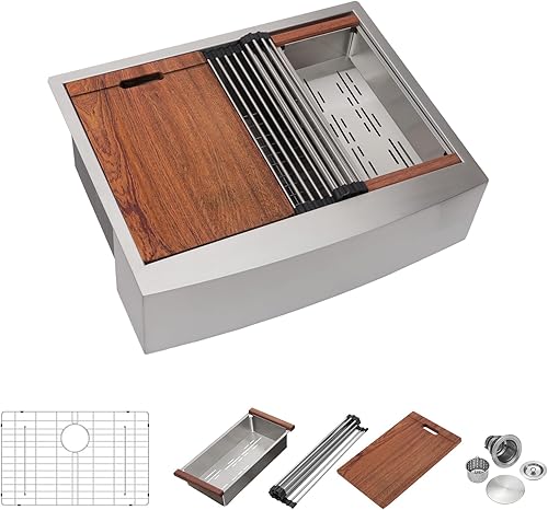 Miniatura 1 de Mocoloo - Fregadero de cocina de 27 x 22 pulgadas, delantal de fregadero de cocina de acero inoxidable de calibre 16, delantal curvado de un solo