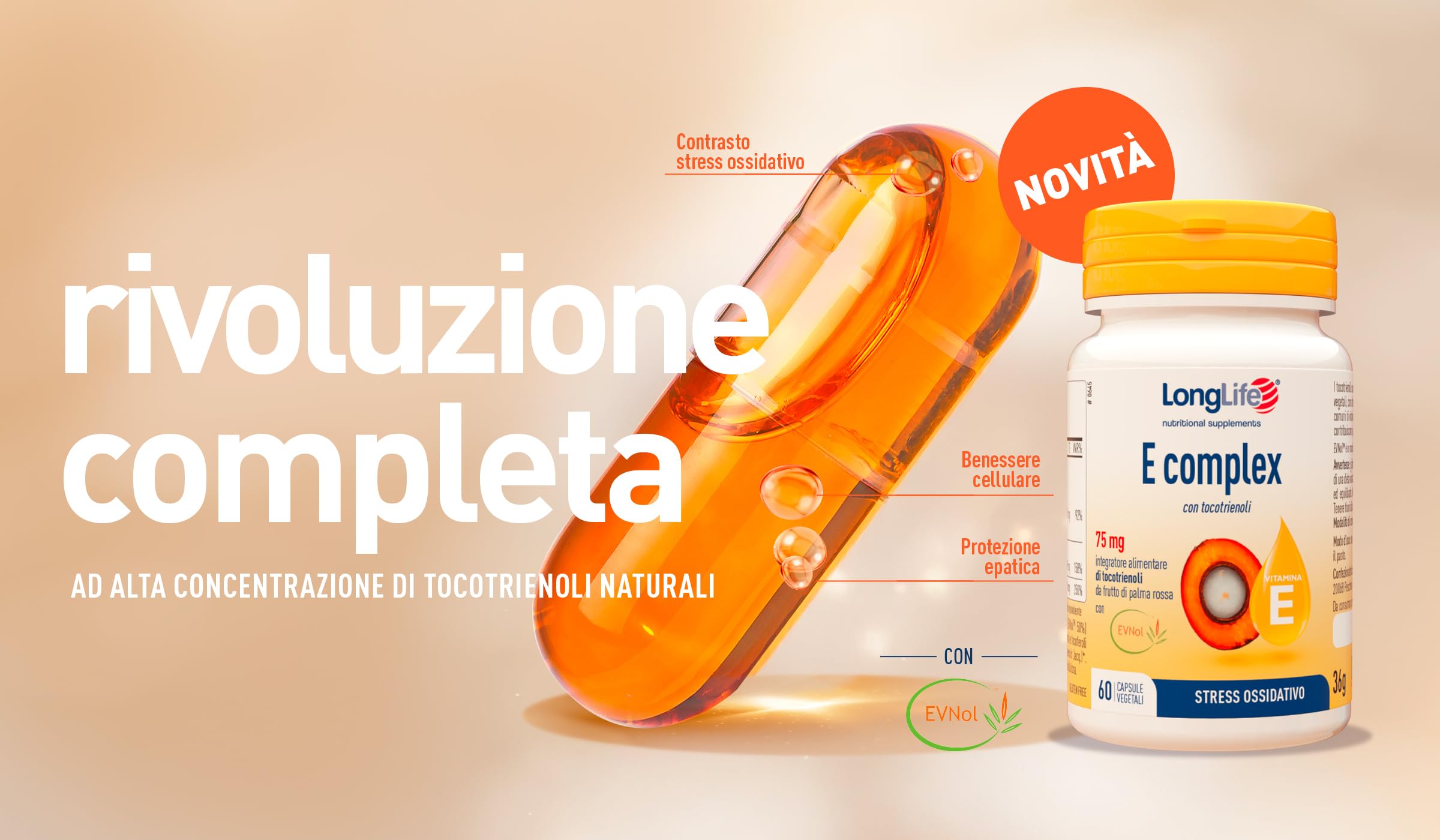LongLife® E Complex | Tocotrienoli naturali ad alta biodisponibilità (EVNol™) | Da frutto di palma rossa | Funzione Antiossidante | Fino a 2 mesi di trattamento | Vegano e senza glutine