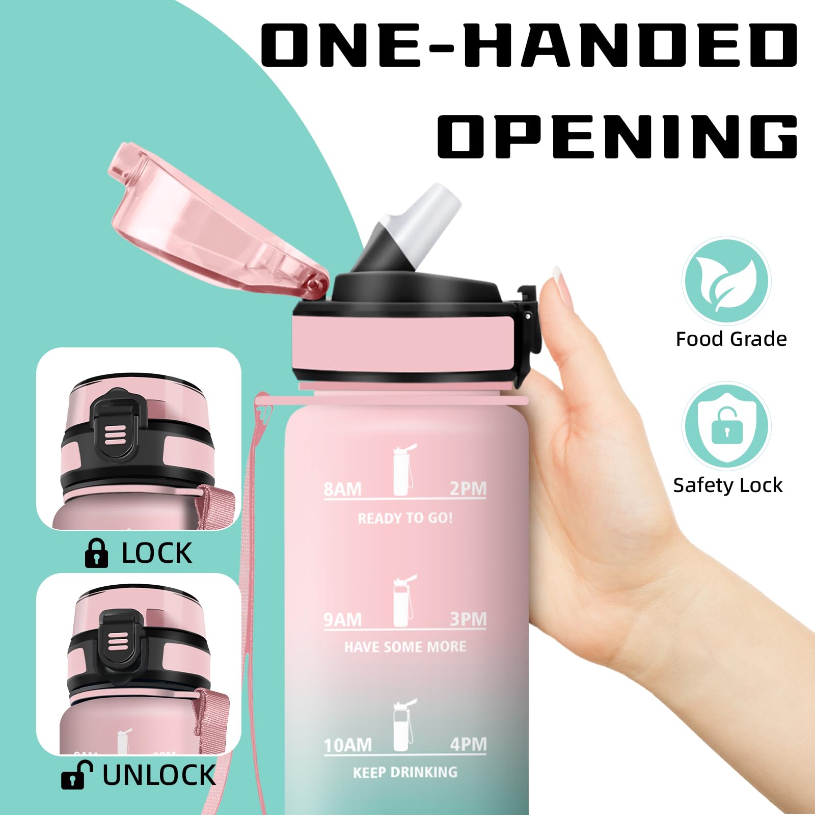 Mujigaga Borraccia 1 litro, Borraccia con Cannuccia, Senza Perdite, Borraccie Motivazionale, Facile da Pulire, Borracce Trekking, Con Slogan Motivazionale, Water Bottle per Sport, Ciclismo, Nuotare