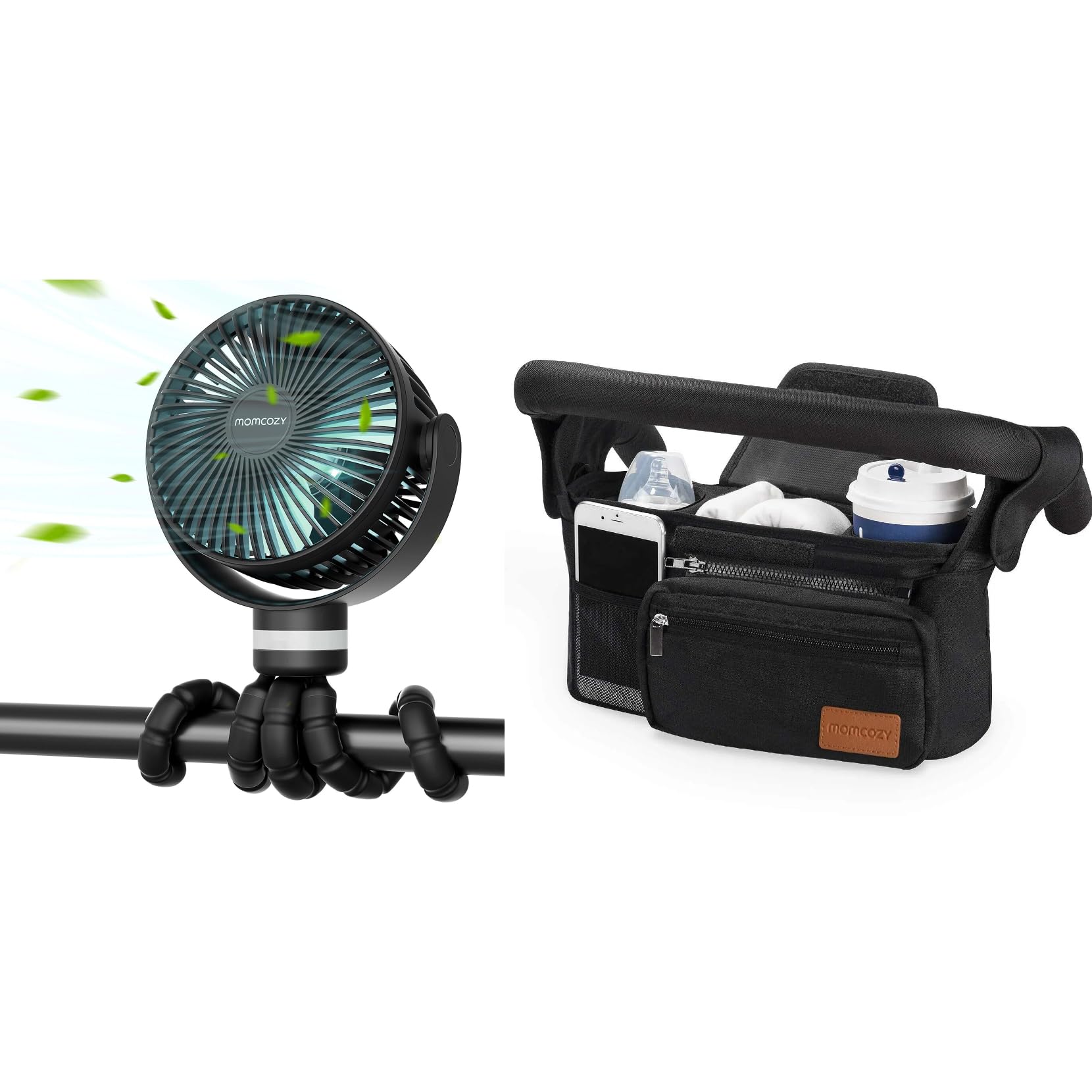 momcozy Bolso Carro Bebe con 2 Portavasos Aislados, Correa para el Hombro y Espacio de Almacenamiento, 8000mAh Ventilador Portátil para Cochecito 360°Rotación,4 Velocidade, Luz de Noche