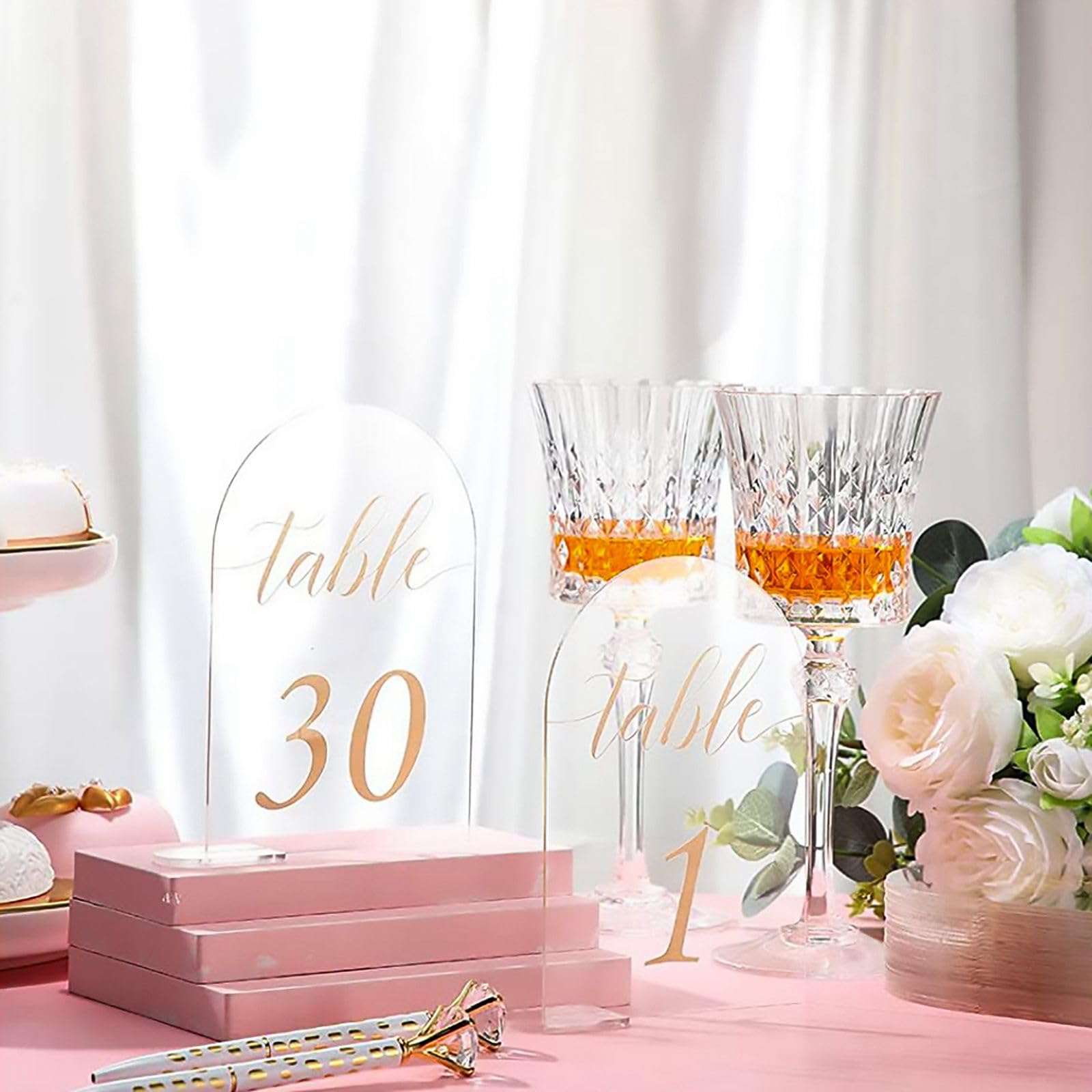 Acrylschild, goldfarben, bedruckte Tischnummern, Hochzeitstischnummer für Hochzeitsempfang, Hotals, Acrylplatten mit Tischkartenhalter (30 Stück (12,7 x 17,8 cm)