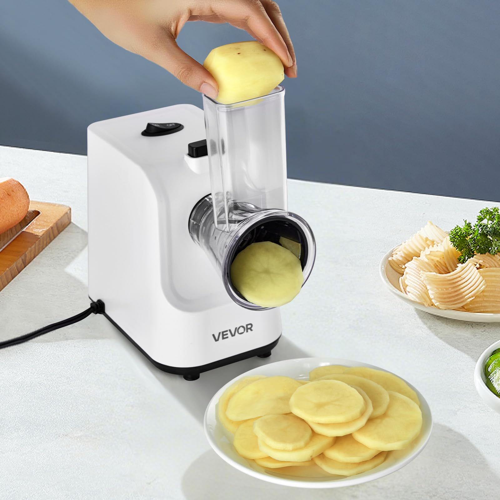 VEVOR Rallador de Queso Eléctrico 5 en 1, ABS, Cortador de Ensaladas de 200 W, con 5 Accesorios, Cuchillas de Acero Inoxidable para Verduras y Queso, Corte Rápido, 240 x 125 x 270 mm, Blanco
