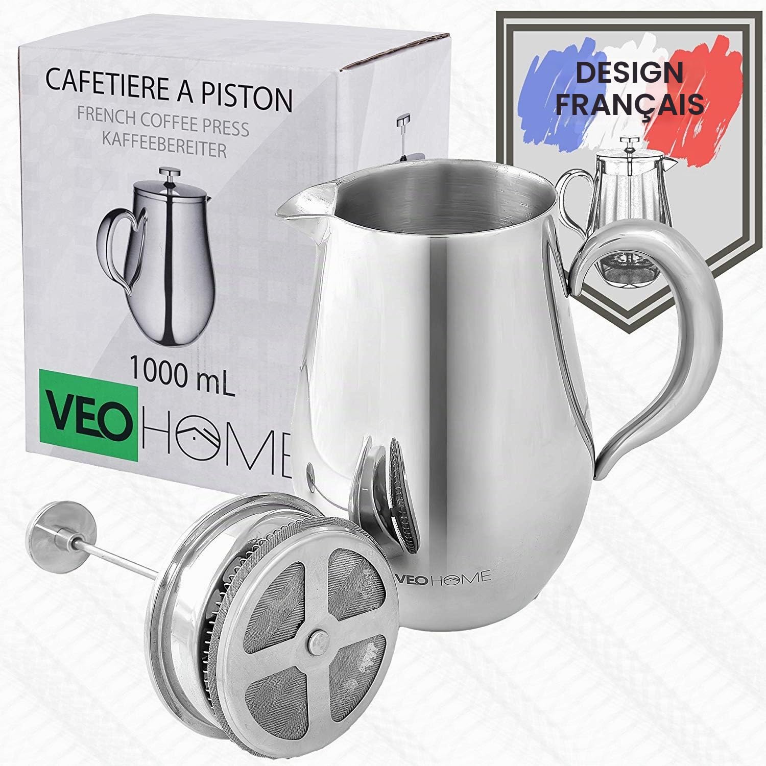 VeoHome - Cafetière à Piston 1 Litre - Incassable et Garde Le café Chaud Longtemps grâce à sa Double Coque INOX…
