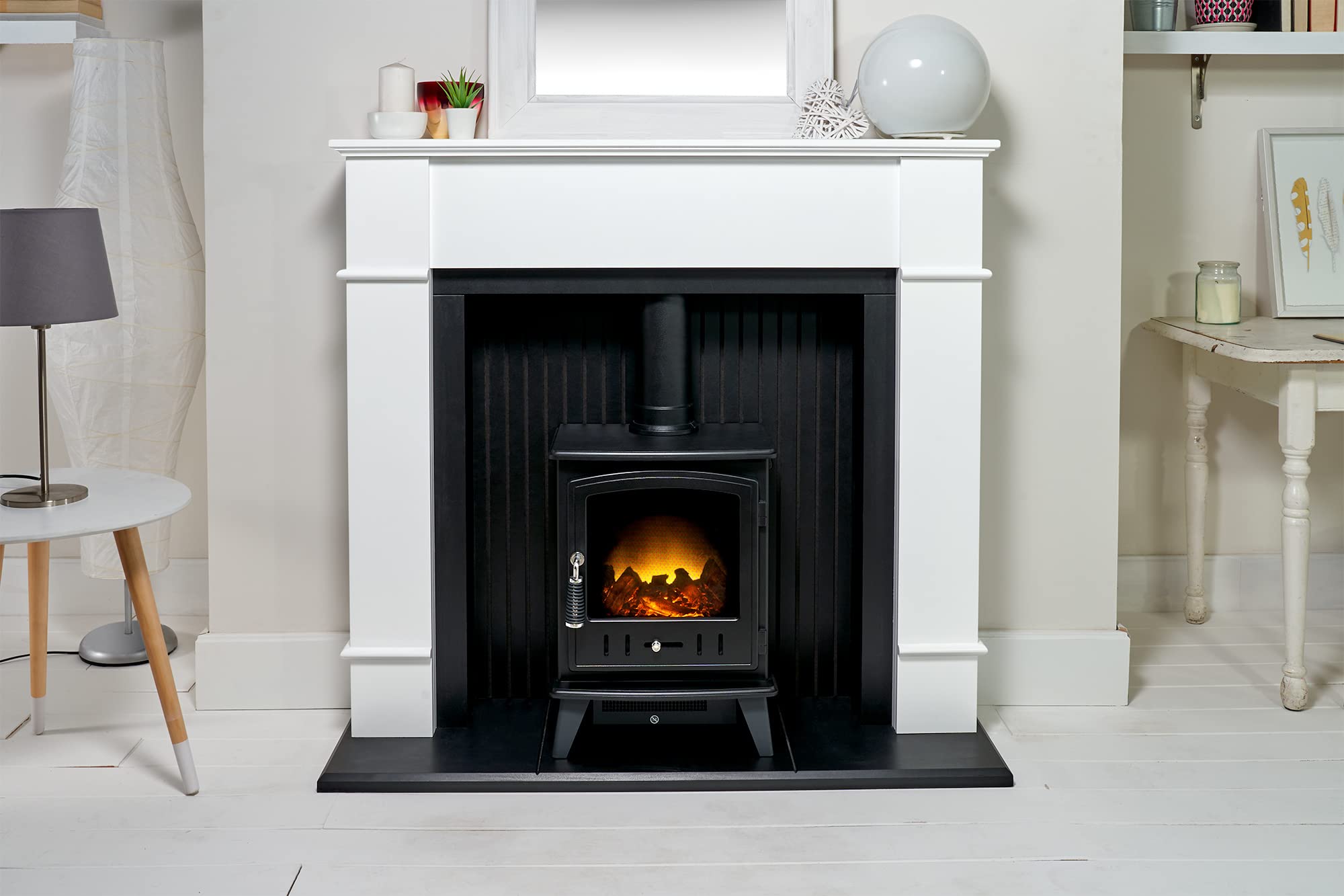 Adam Oxford Stove Fireplace in Pure White with Aviemore Electric Stove in Bla...
