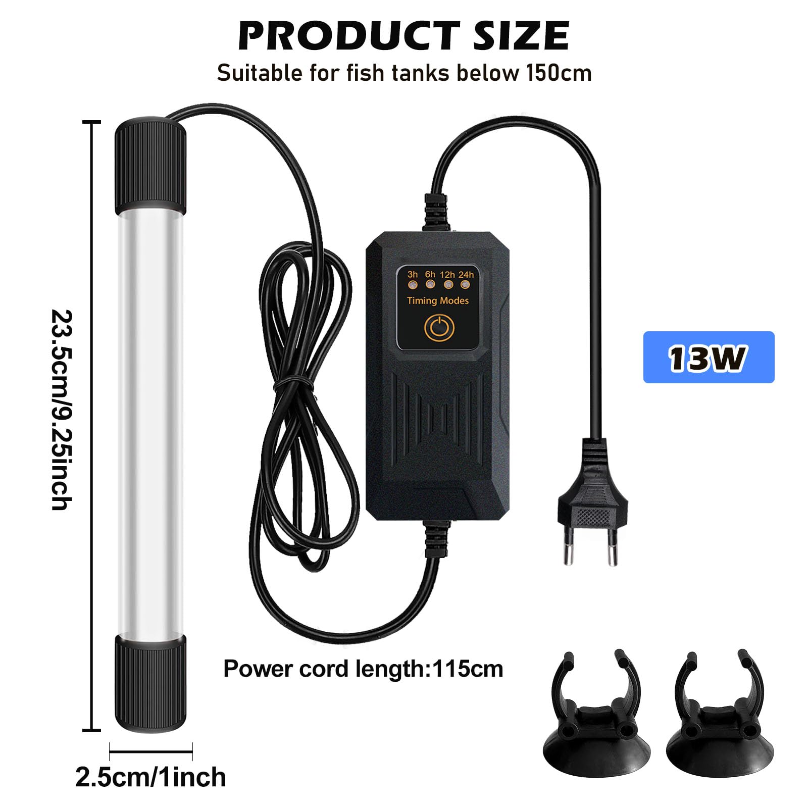 BORDEAG Esterilizador UV Acuario, 13W Lámpara Acuario Esterilizador UV con temporizador UV Acuario Esterilizador Lámpara UV De Destrucción De Bacterias Lámpara De Esterilización UV para Acuario Fish