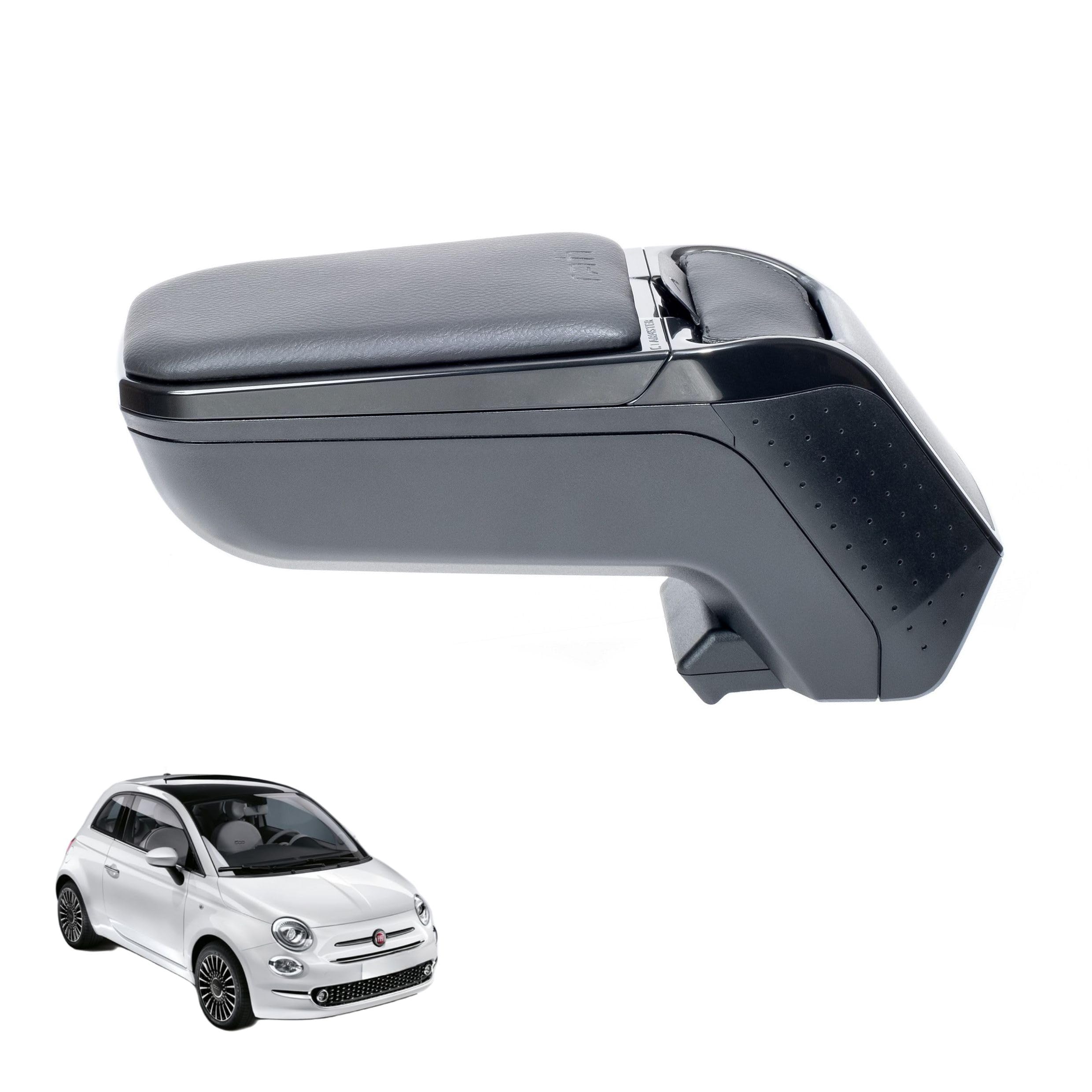 RATI ARMSTER 2 Bracciolo adatto per FIAT 500 2016-2024 [nero,pelle vegana] Bracciolo centrale retrofittabile con vano portaoggetti