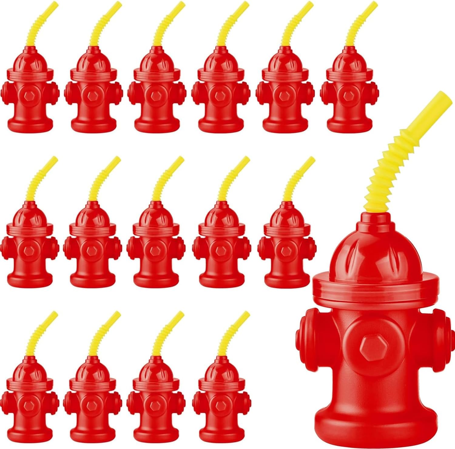 Haundry 16-Pack Fire Hydrant Straw Cups With Lids for Party Decorations, 10oz Firefighter Firetruck Birthday Party Decorations, Reusable Red Plastic Party Supplies