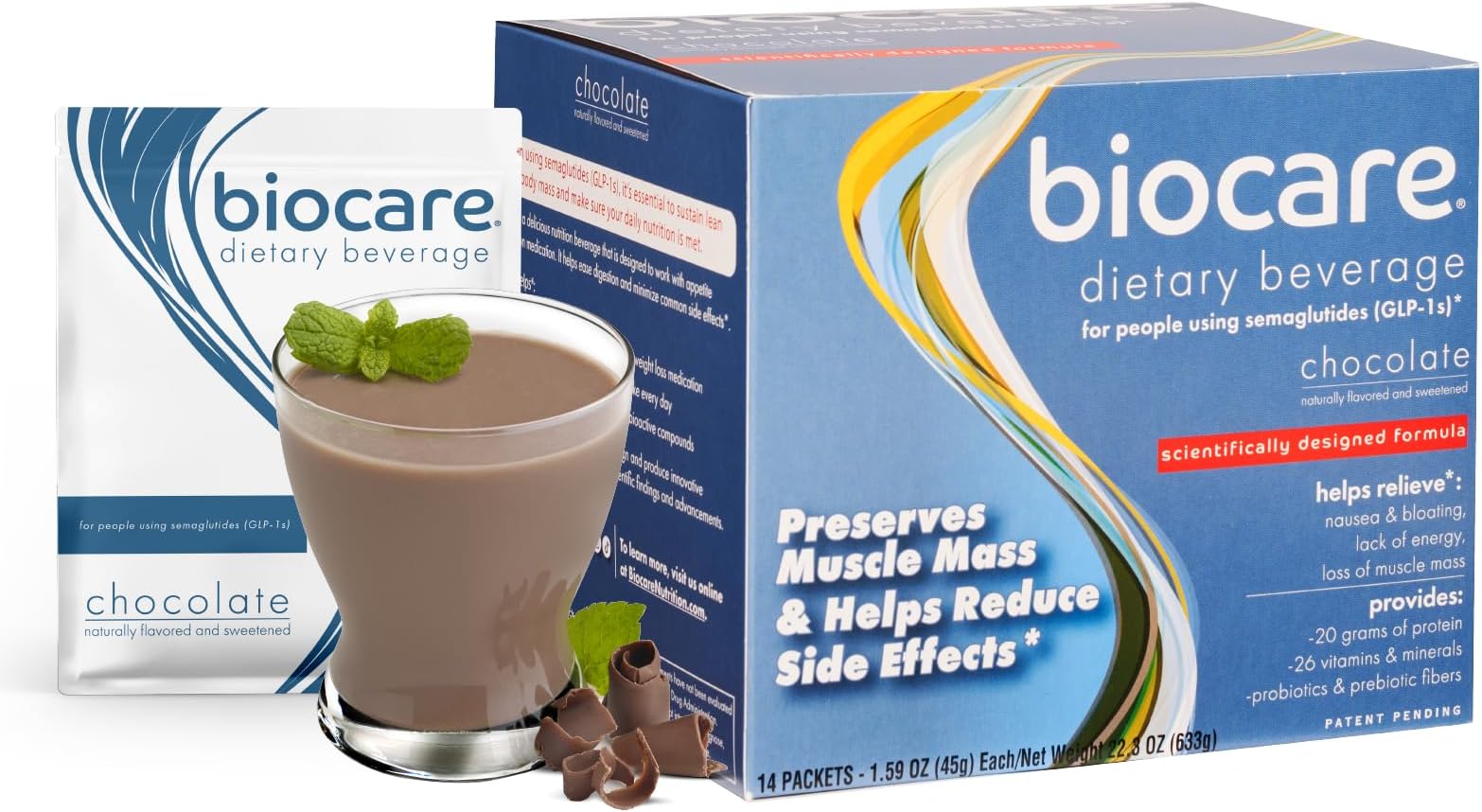 Nutritional Beverage for GLP-1 Users, Dietary Powder Drink Provides 20g Essential Protein, 26 Vitamins/Minerals, Helps Ease Nausea, Bloating, Constipation, Chocolate (14 Count)