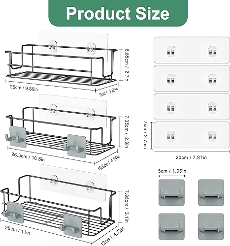 Miniatura 2 de Thideewiz Paquete de 3 organizadores de ducha colgantes adhesivos organizador de baño de acero inoxidable de 27 a 31 pulgadas de altura estantes de