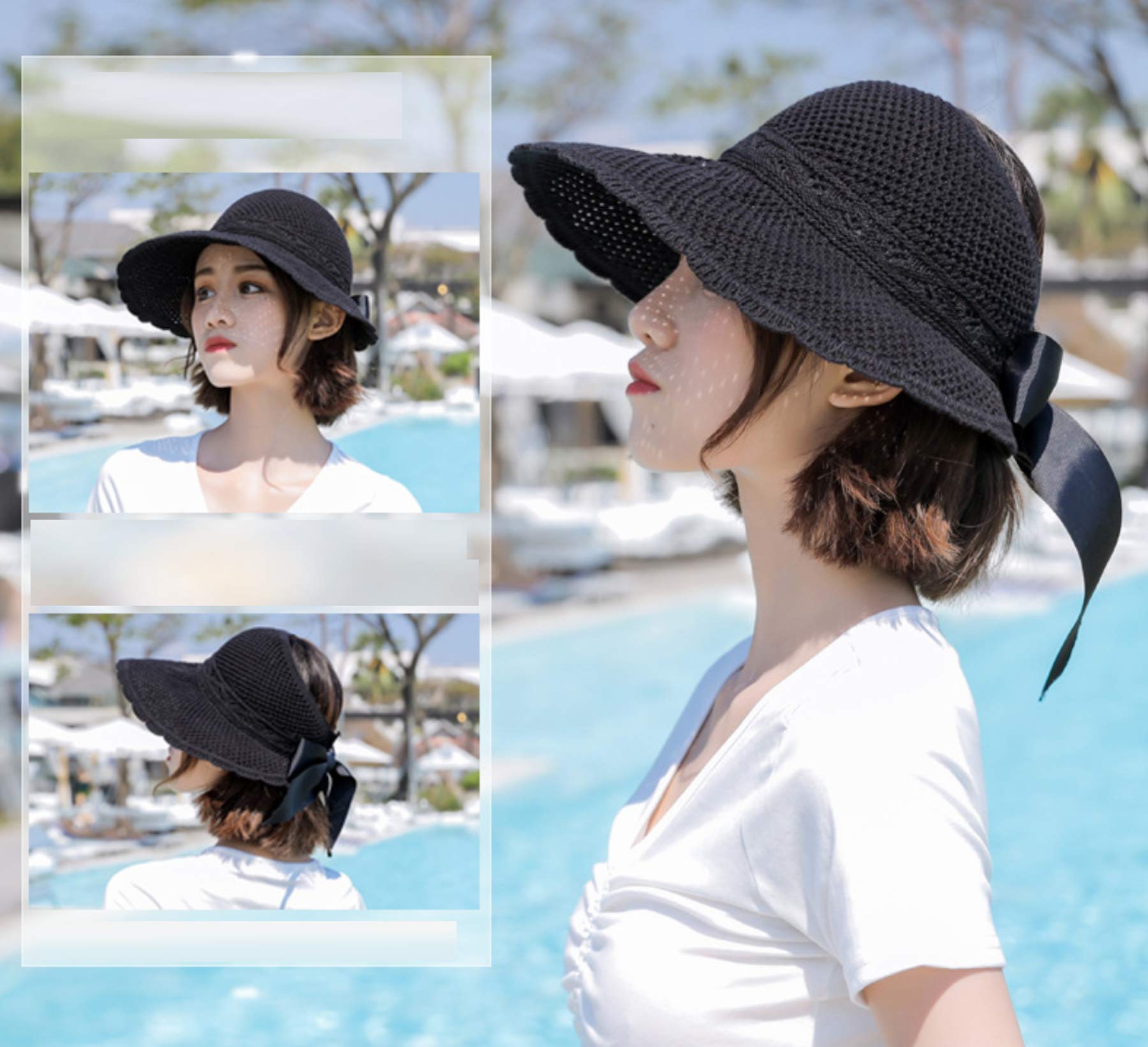 Elonglin Straw Sunhat Women Foldable Large Brim Summer Beach Outdoor Adjustable Sun Hat Ribbon Bow Anti-UV Protection (Black)