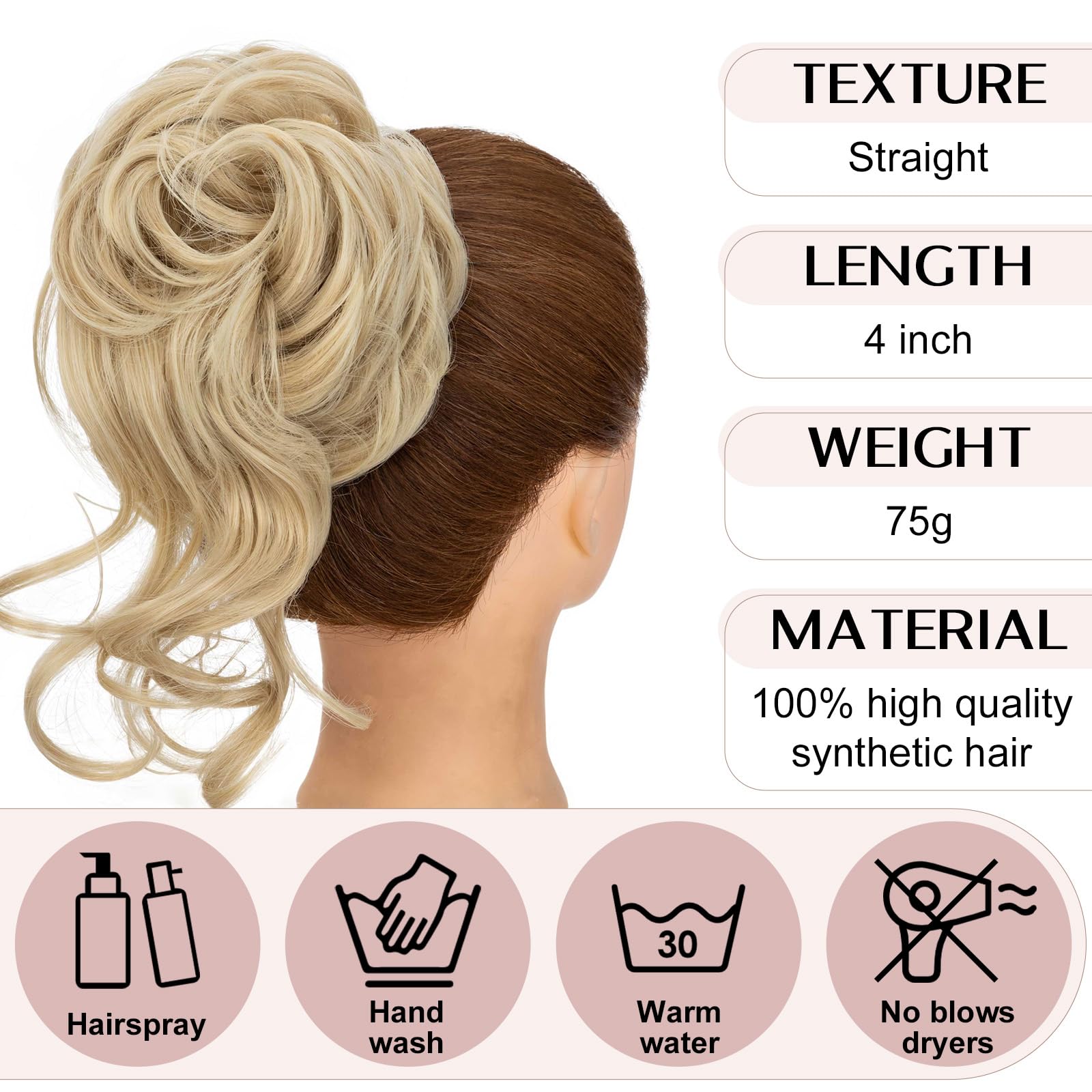 SEGO Tousled Updo Hair Bun Donut Synthetic Thick Hair Chignon 86G Claw Messy Bun Hairpieces Wavy Curly, Ash Blonde & Bleach Blonde - Image 4