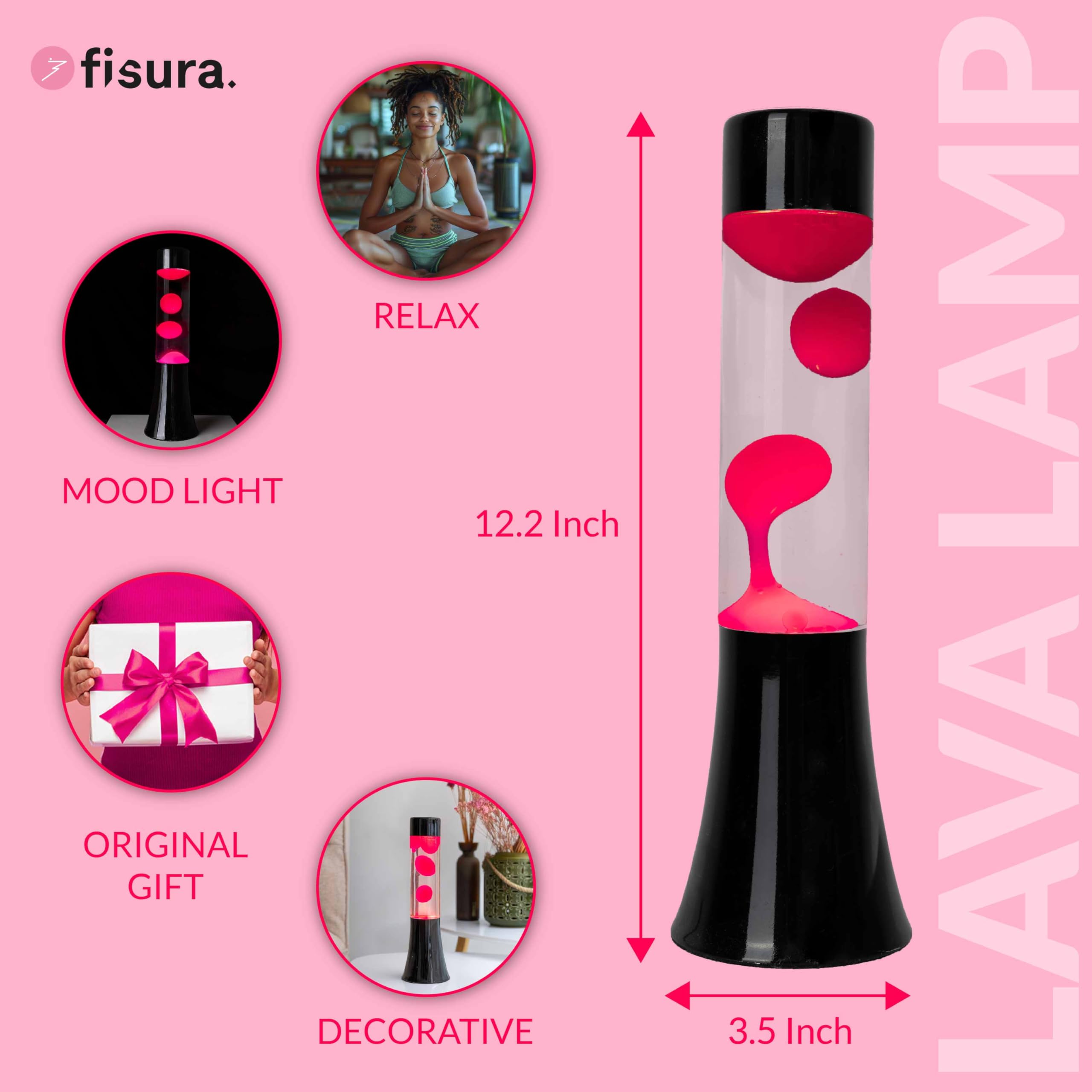 Fisura - Różowa lampa lawa. Lampa lawa o wysokości 30 cm z czarną podstawą, różową lawą i przezroczystym płynem. Relaksująca lampa. 9x9x30 cm