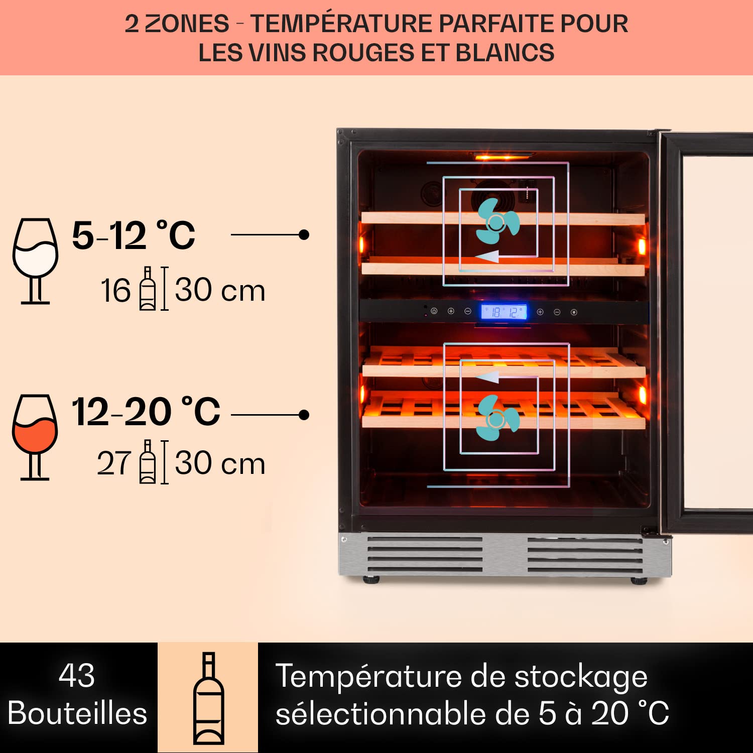 KLARSTEIN Cave à Vin Encastrable 129L Double Zone 43 Bouteilles Porte en Verre