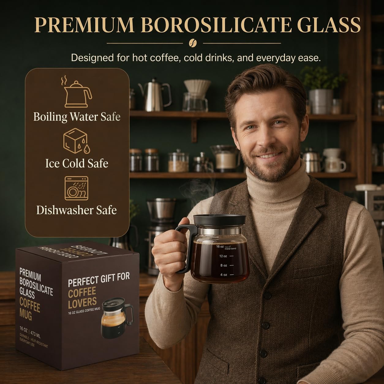 Coffee Pot Mug with Lid, 16oz Glass Mini Coffee Pot Cup, Heat-Resistant Clear Travel Mug, Spill-Resistant Novelty Coffee cup for Office Desk & Coffee Lovers gift