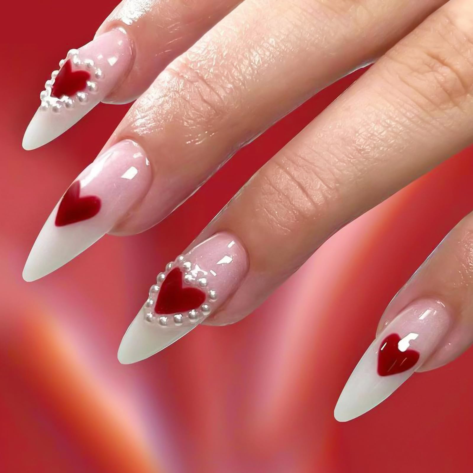 Medium Almond Press on Nails,Valentine's Day Fake Nails with Pearl and Heart Designs Glossy Pink Ombre False Nails Press On Glue on Nails Acrylic Nail for Women Girls 24Pcs