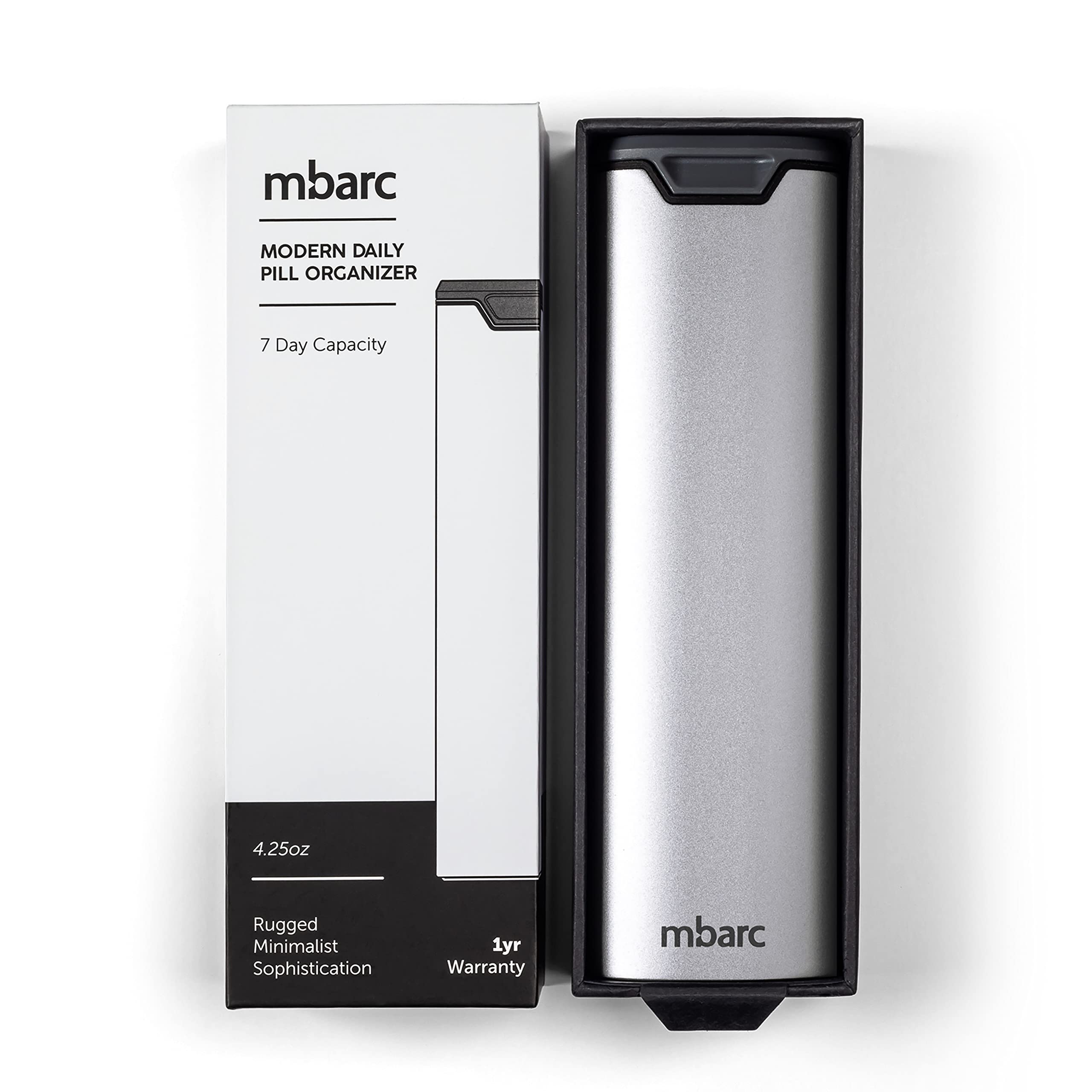 HigherHuman mbarc Pillendose 2.0 für 7 Tage, hochwertiges stilvolles Aluminium und Holz, großes Fassungsvermögen, für Nahrungsergänzungsmittel, Pillen, Vitamine und Medikamente, Metallic-Silber