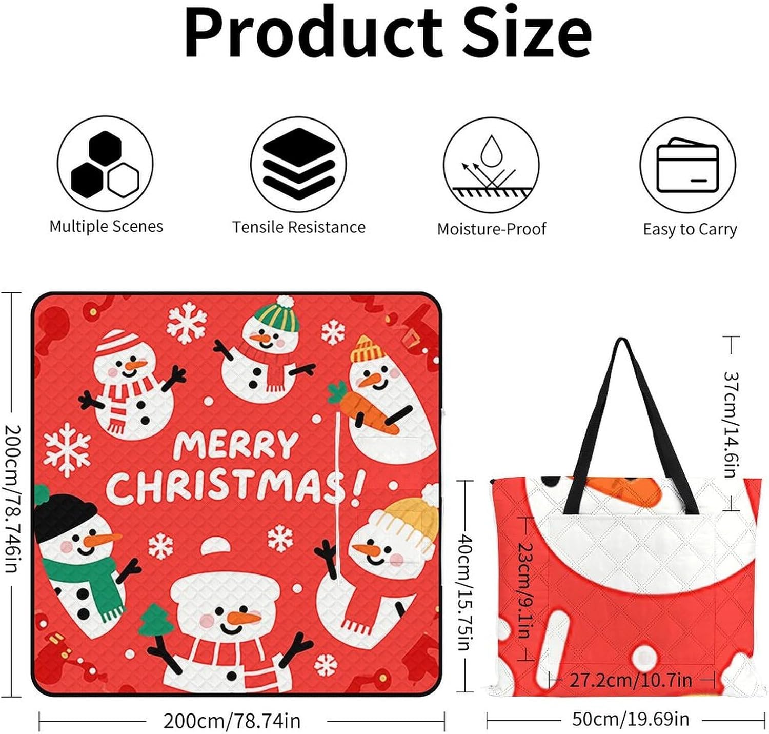 Xmas Snowman Picnic Blanket 200x200cm, Foldable 2-in-1 Picnic Mat and Tote Bag Portable Waterproof Beach Mat Sandproof Outdoor Blanket for Park, Hiking, Beach, Camping, Travel