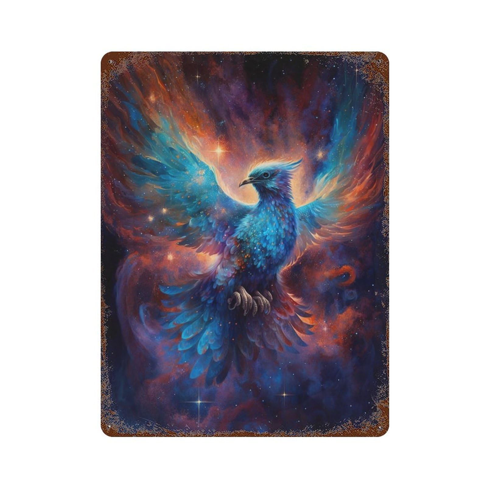 Cosmic Phoenix Art Print-1 15.7"x11.8" Distressed Metal Wall Sign, Shabby Chic Decor for Shed, Workshop And Garage Wall Decor