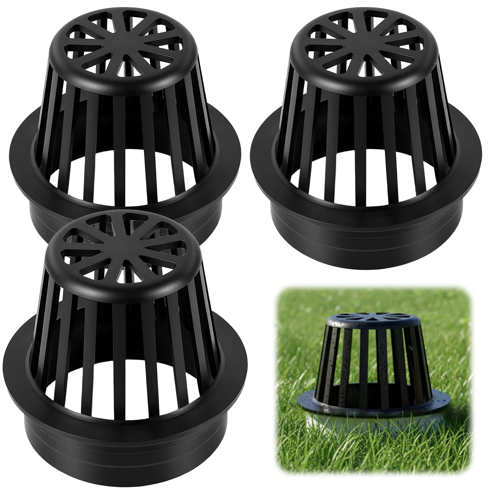 Photo 1 of (3-Pack) Calvana 4” Round Atrium Drain Grate Cover, Compatible with NDS 78A, Fits 4” Sewer and Drain Pipe Fittings, Perfect for Small Lawns, Landscaping, Patios, Extra Tough Polyethylene, Black