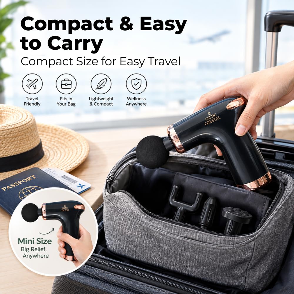 Celtic Coastal Mini pistola massaggiante – Tessuto profondo per alleviare il dolore con 4 testine massaggianti e 6 velocità, massaggiatore portatile compatto sportivo per atleti, ufficio, casa e
