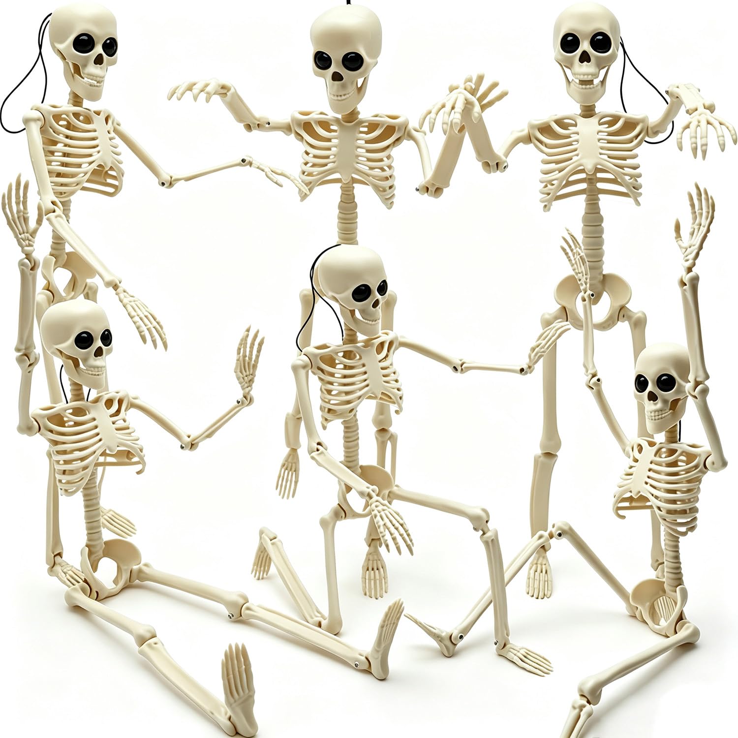6 decoraciones de esqueleto de Halloween de 16 pulgadas, pequeños huesos de plástico de esqueleto con articulaciones movibles para Halloween, fiestas en interiores y exteriores, cementerio,
