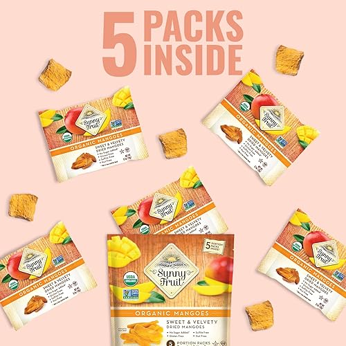 Miniatura 6 de Mango seco orgánico  Sunny Fruit  5 paquetes de porciones de 176 onzas por bolsa  Purely Mangos  Sin azúcares azufres ni conservantes añadidos  Sin