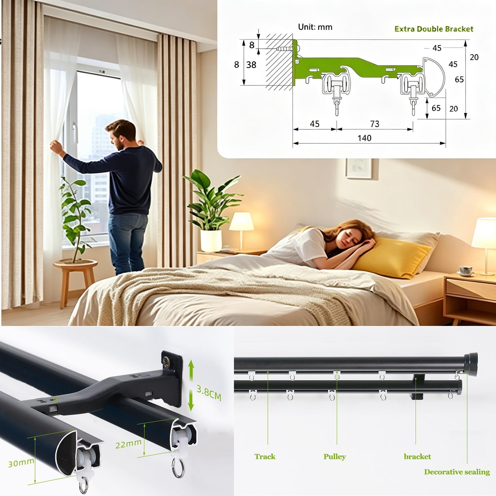 Amazon.com: NOIRDA Double Curtain Rod with Cap Finials - 100 to