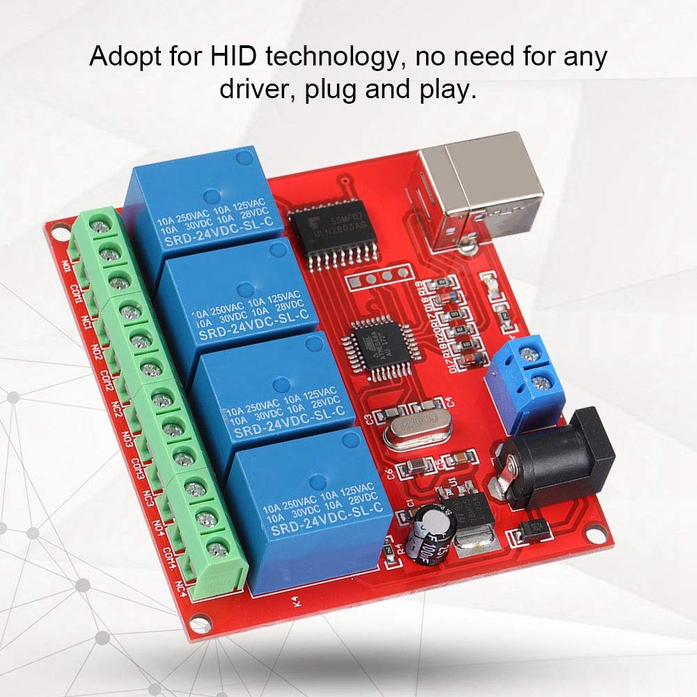 ASHATA Modulo relè 24 V, modulo relè 4 canali Modulo relè Controller Smart Switch USB per Computer, Chip di Controllo USB ad Alte Prestazioni Modulo relè DC 24 V Scheda di espansione PC Rosso