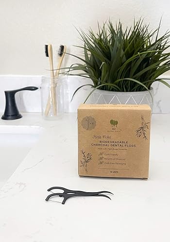 Miniatura 4 de Me Mother Earth Palillos de hilo dental biodegradables veganos (200 unidades), naturales, sostenibles, ecológicos, hilo dental de carbón para un