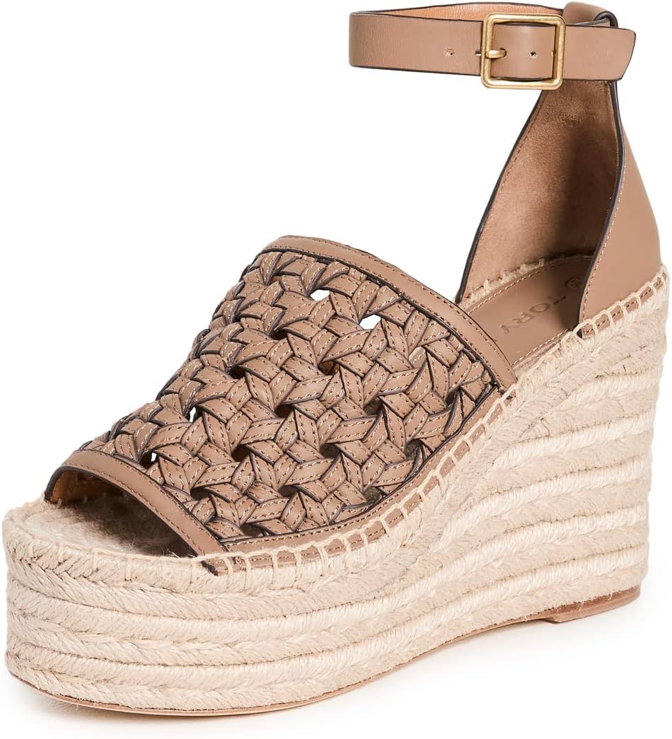 Tory Burch Women's Basketweave Espadrille Wedges, Almond Flour, Tan, 9 Medium US