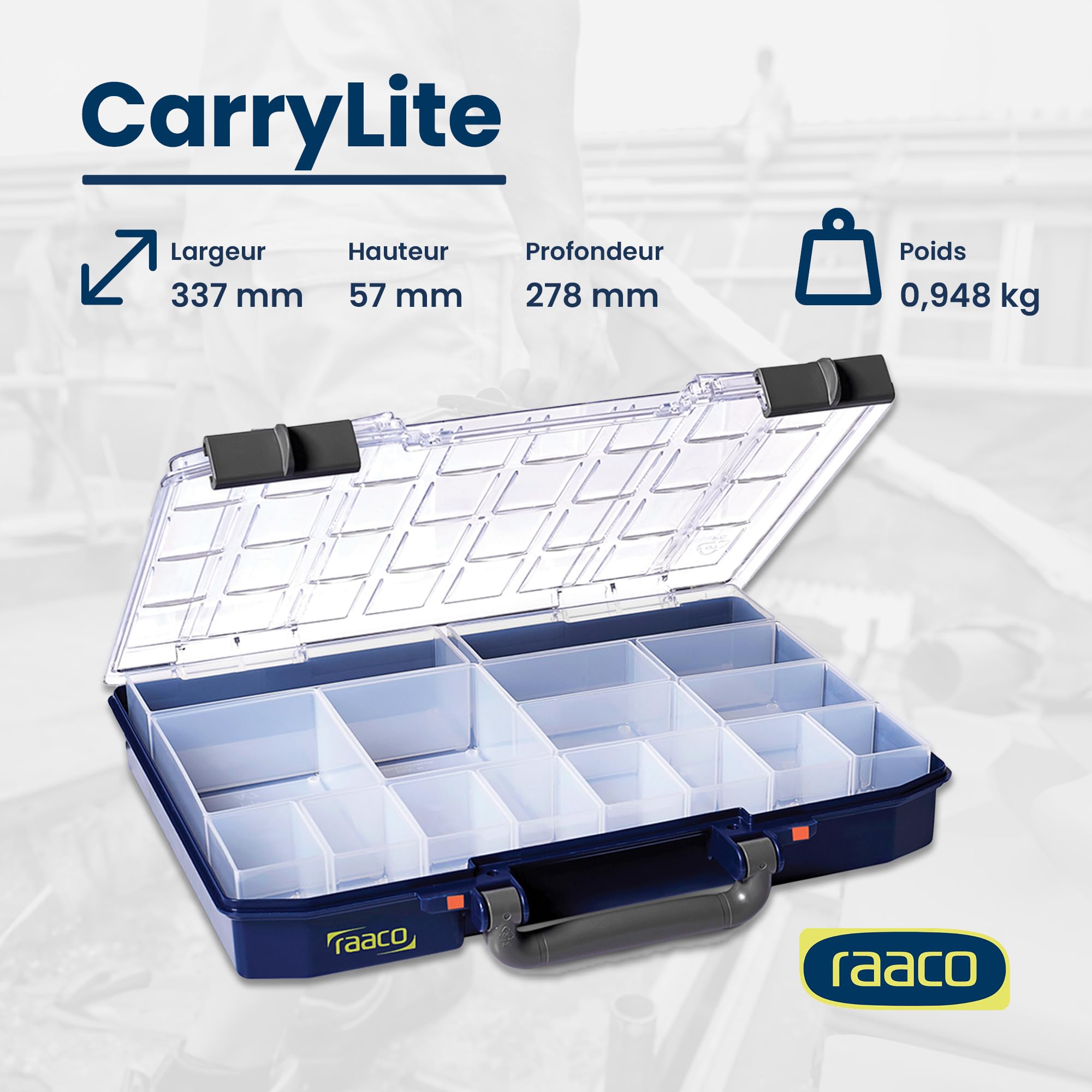 Raaco CarryLite 55 4x8-16 boîte de rangement, 16 compartiments, module | Boîte de Rangement Légère pour Atelier, avec 16 Compartiments pour Petites Pièces, Capacité de 8 kg, Stockage Sécurisé, clair