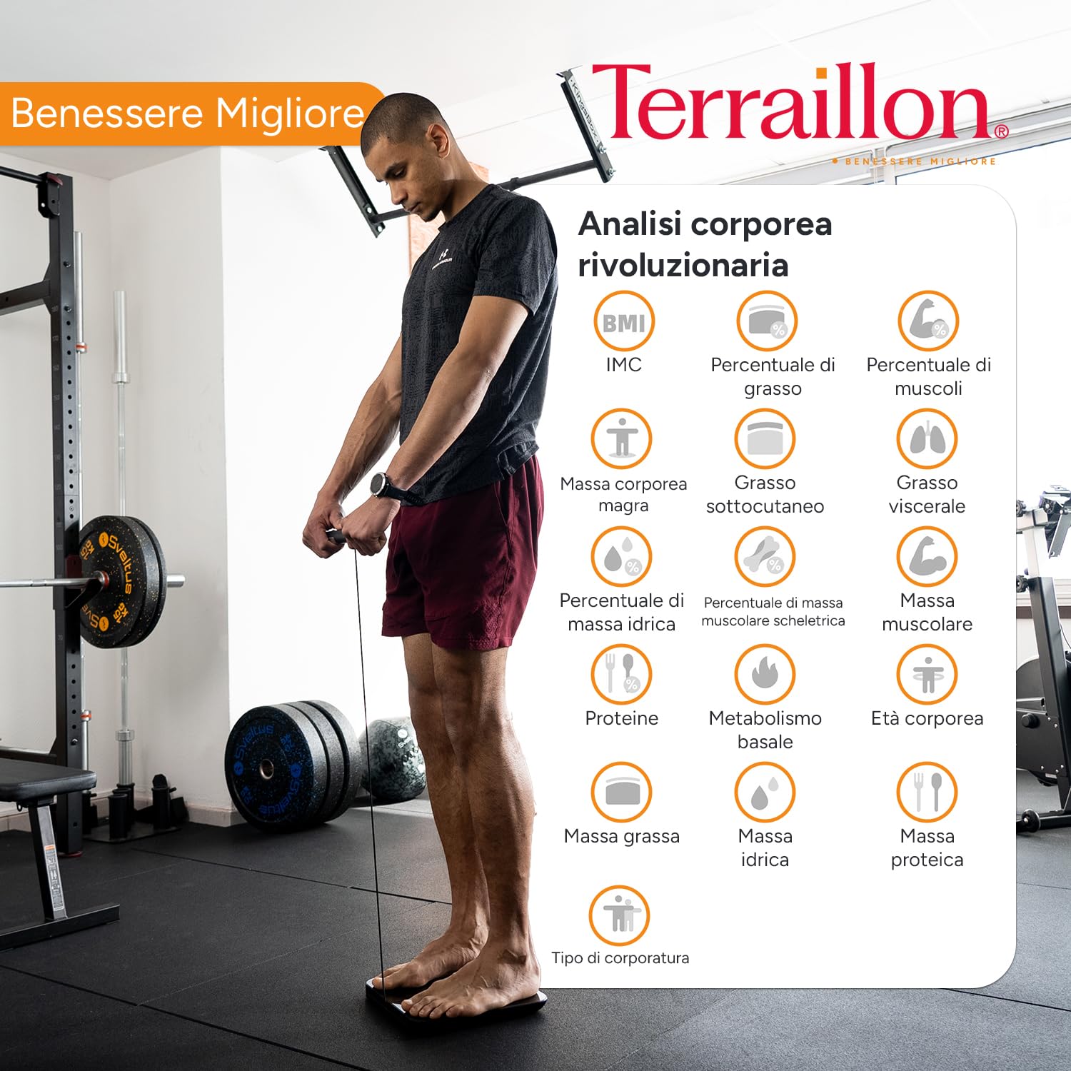 TERRAILLON - MASTER COACH EXPERT - Bilancia connessa Wi-Fi, 8 elettrodi invisibili, analisi della massa grassa, muscolare, idrica, ossea e viscerale, BMI, capacità 180 kg, piatto in vetro, blu