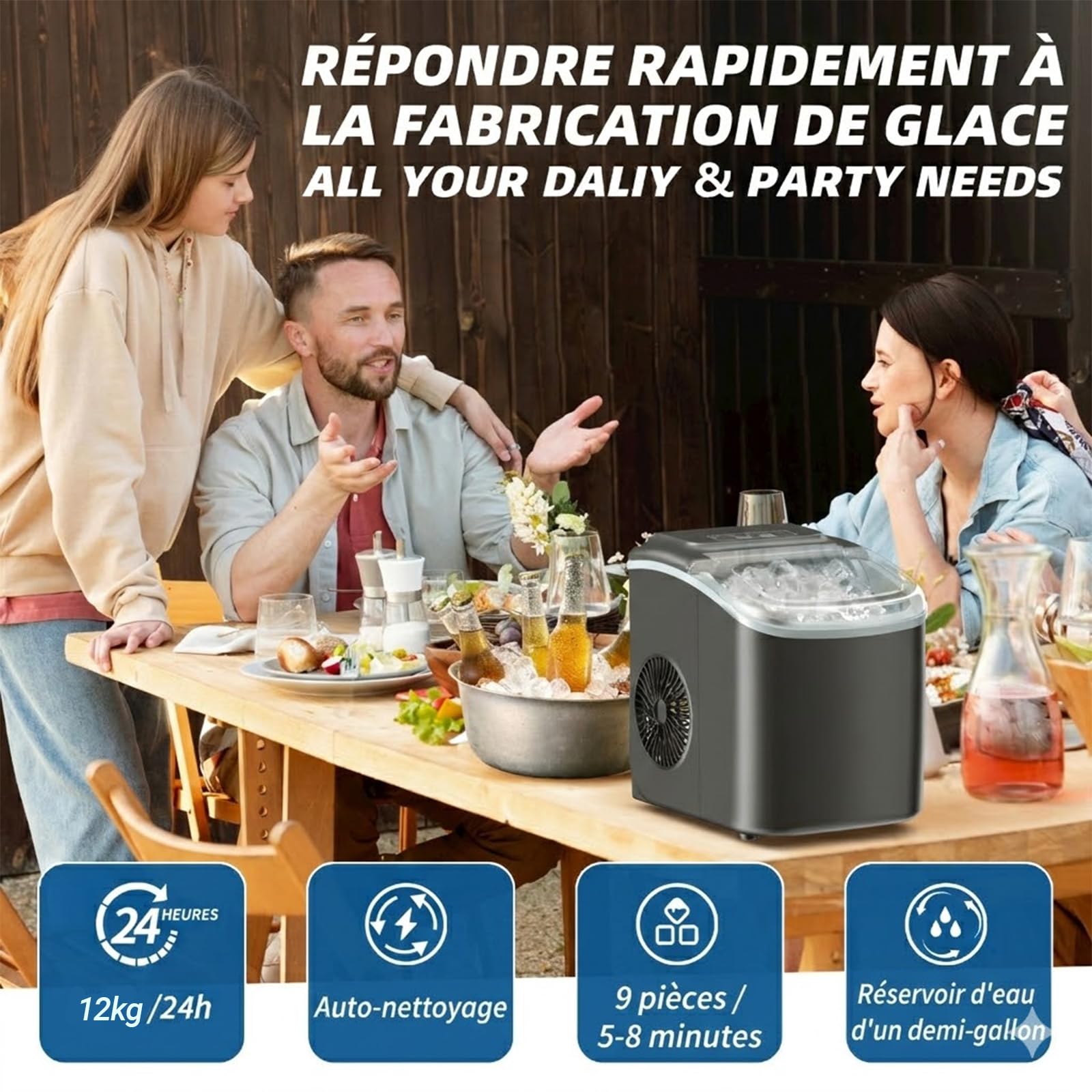 Machine à Glaçons Portable 12kg par 24h Produit 9 Glaçons en 6 Minutes Appareil avec Fonction Autonettoyante Capteur Infrarouge et 2 Tailles de Glaçons pour Cuisine et Camping Noir