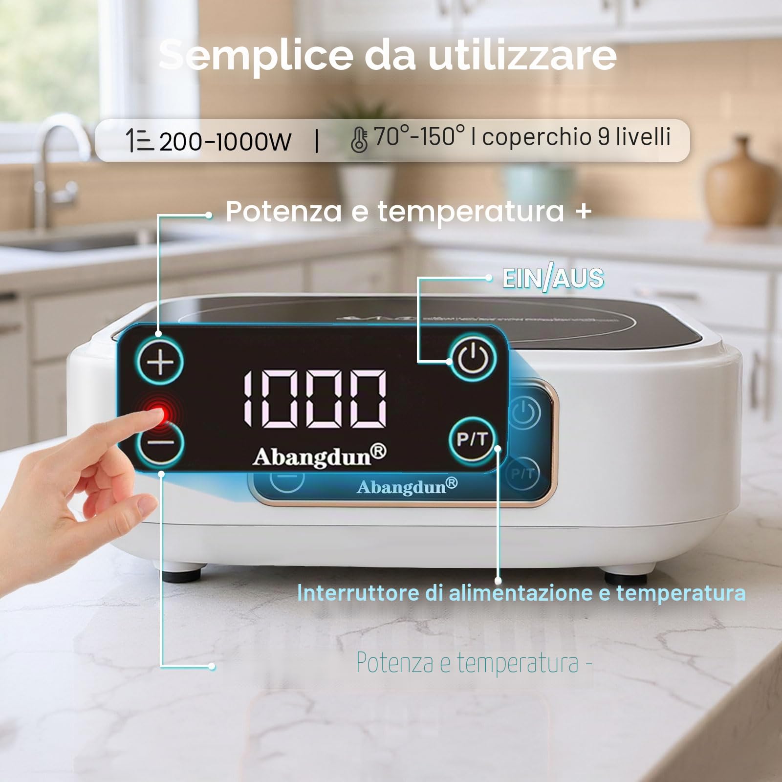 Mini piastra a induzione, 1000 W, mini piano cottura a induzione, 1 piastra, piastra a induzione con 7 livelli di potenza, 200 W-1000 Watt, piastra elettrica a induzione per rimorchi da campeggio