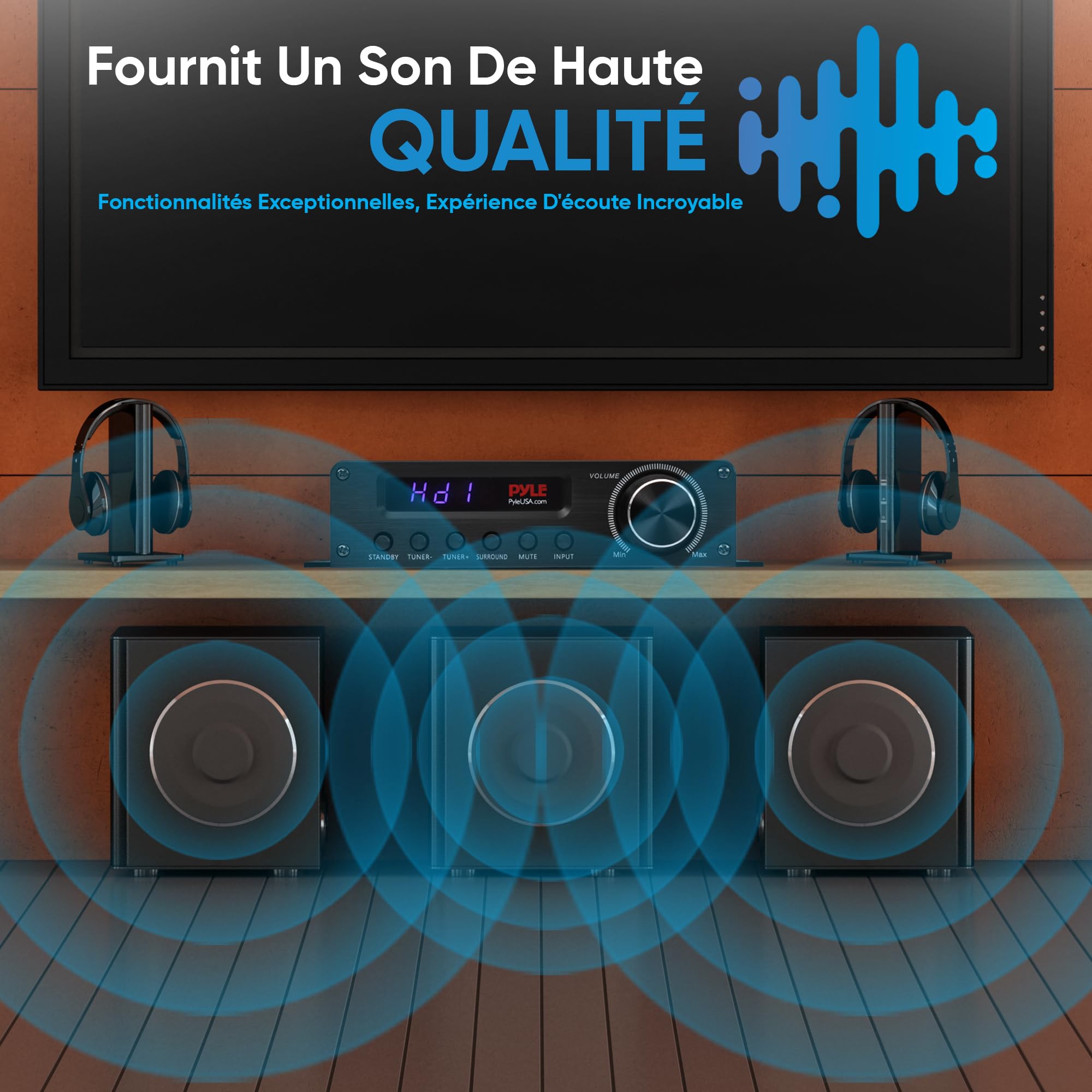 Pyle Amplificateur Home Cinéma Bluetooth 5.1 Canaux – Récepteur Audio Vidéo 100 W avec HDMI, Son Surround, Subwoofer, AUX, FM, Télécommande, Compatible TV, PC et Haut-Parleurs