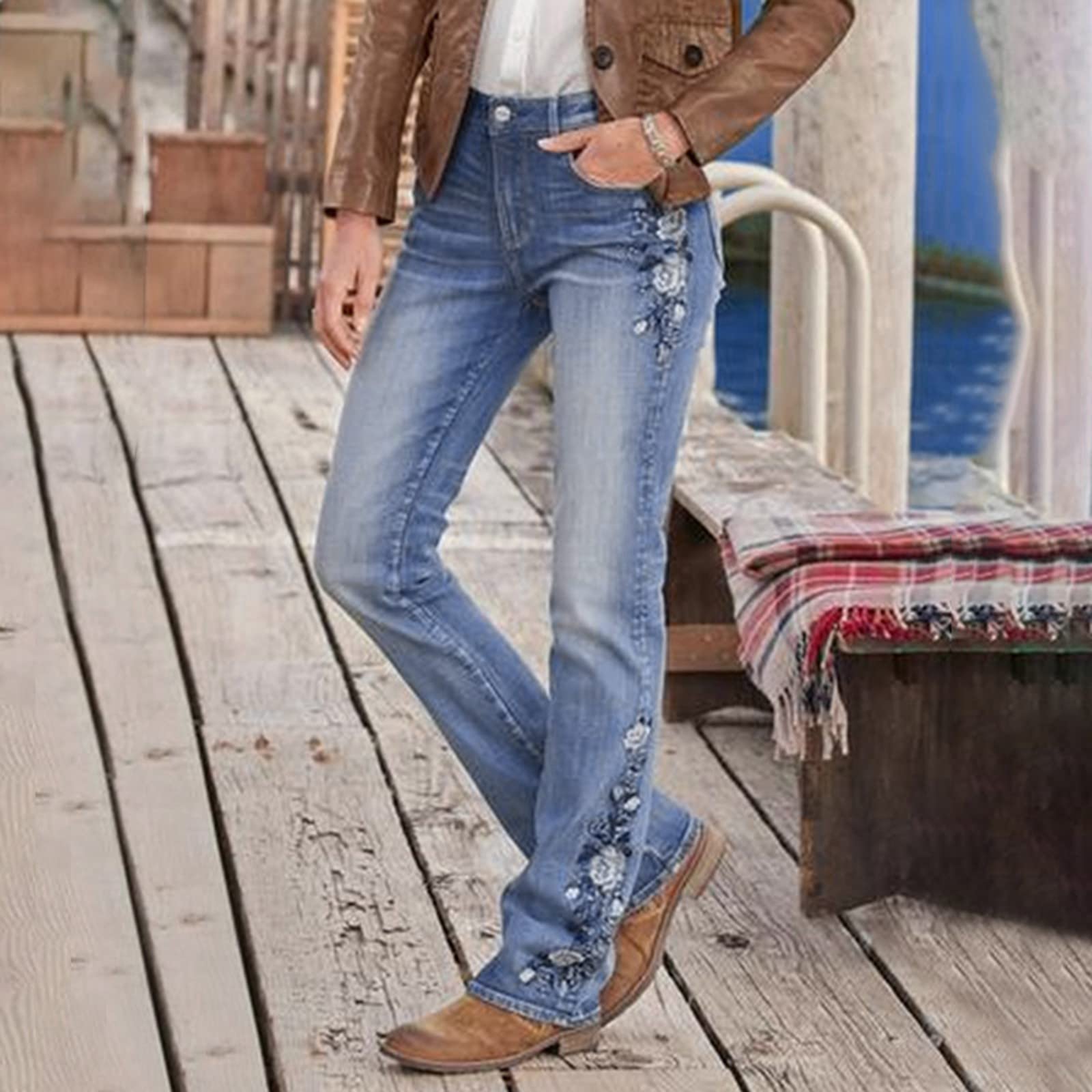 Jeans da donna a vita alta, a gamba larga, jeans svasati, stile anni '70, elasticizzati, con tasche, elasticizzati, per il tempo libero, comodi, per l'uso quotidiano e l'ufficio